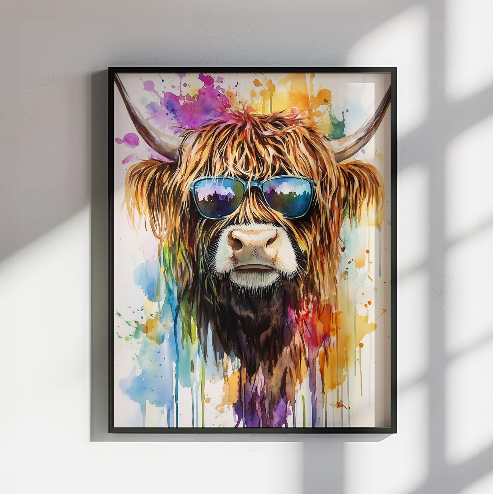 Highland Cow with Sunglasses Canvas / Poster Print. Watercolour Paint Splash Wall Decor Gift Scottish Shaggy Cow Painting Farm Animal Farmer - CanvasityCrafts - Free Shipping