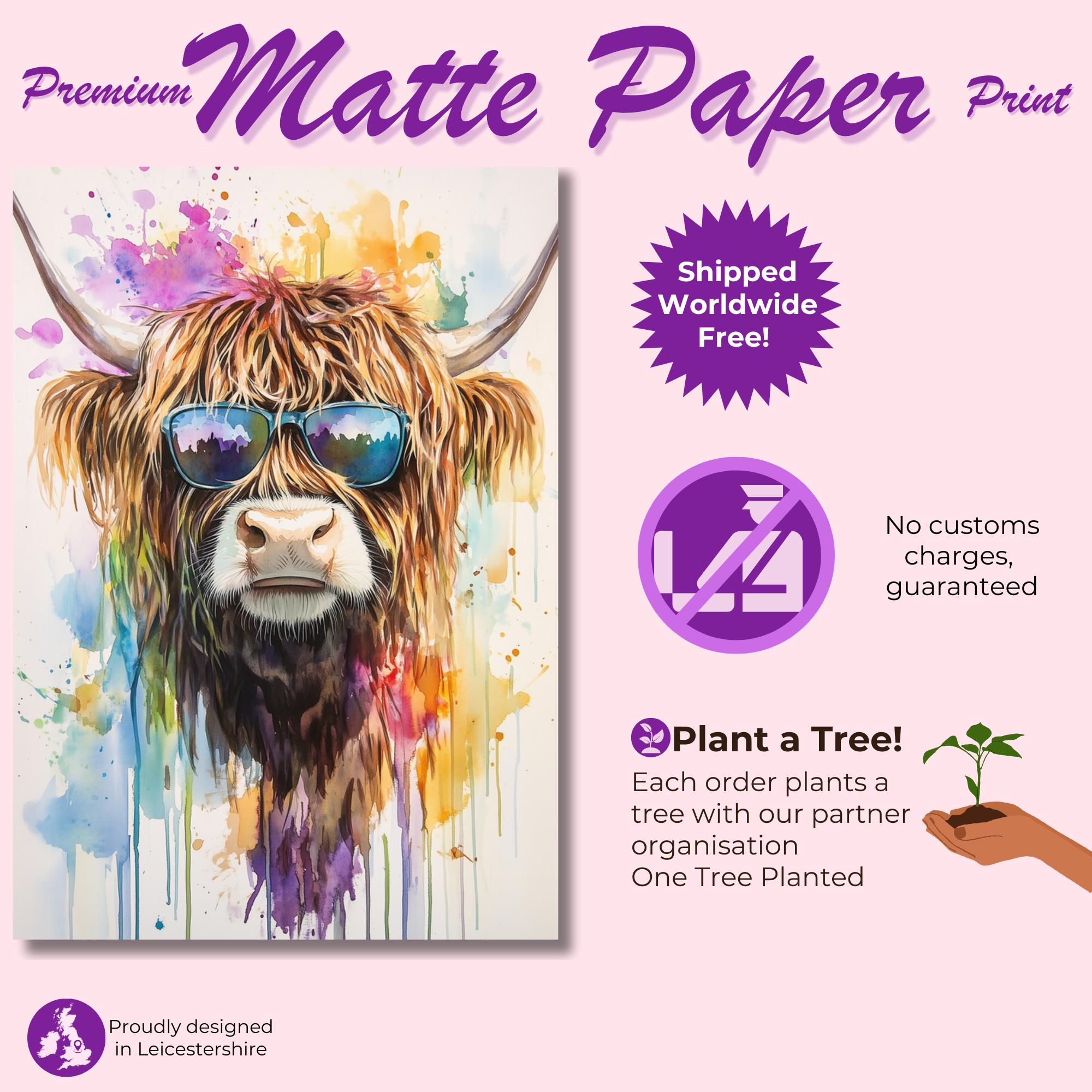 Highland Cow with Sunglasses Canvas / Poster Print. Watercolour Paint Splash Wall Decor Gift Scottish Shaggy Cow Painting Farm Animal Farmer - CanvasityCrafts - Free Shipping