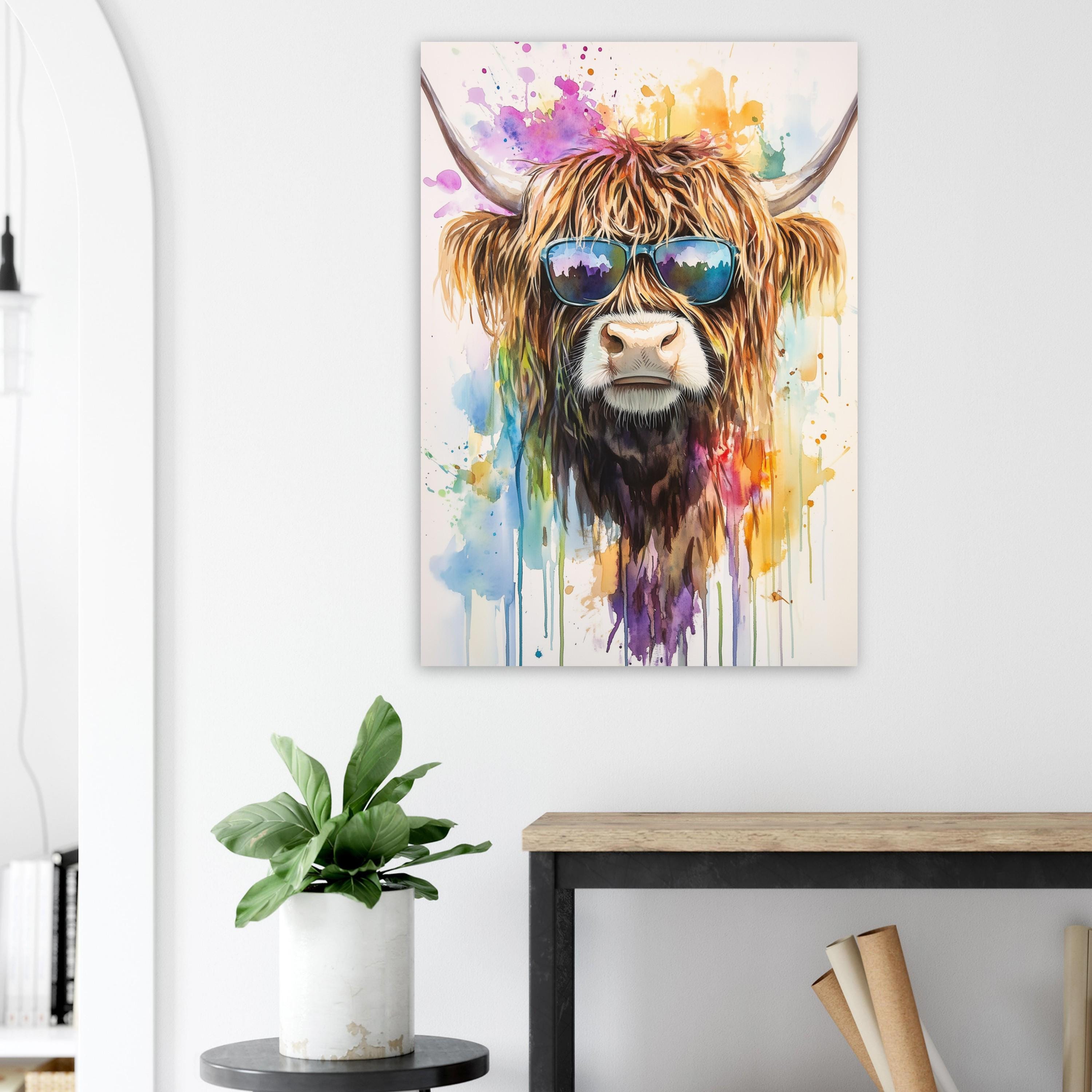 Highland Cow with Sunglasses Canvas / Poster Print. Watercolour Paint Splash Wall Decor Gift Scottish Shaggy Cow Painting Farm Animal Farmer - CanvasityCrafts - Free Shipping