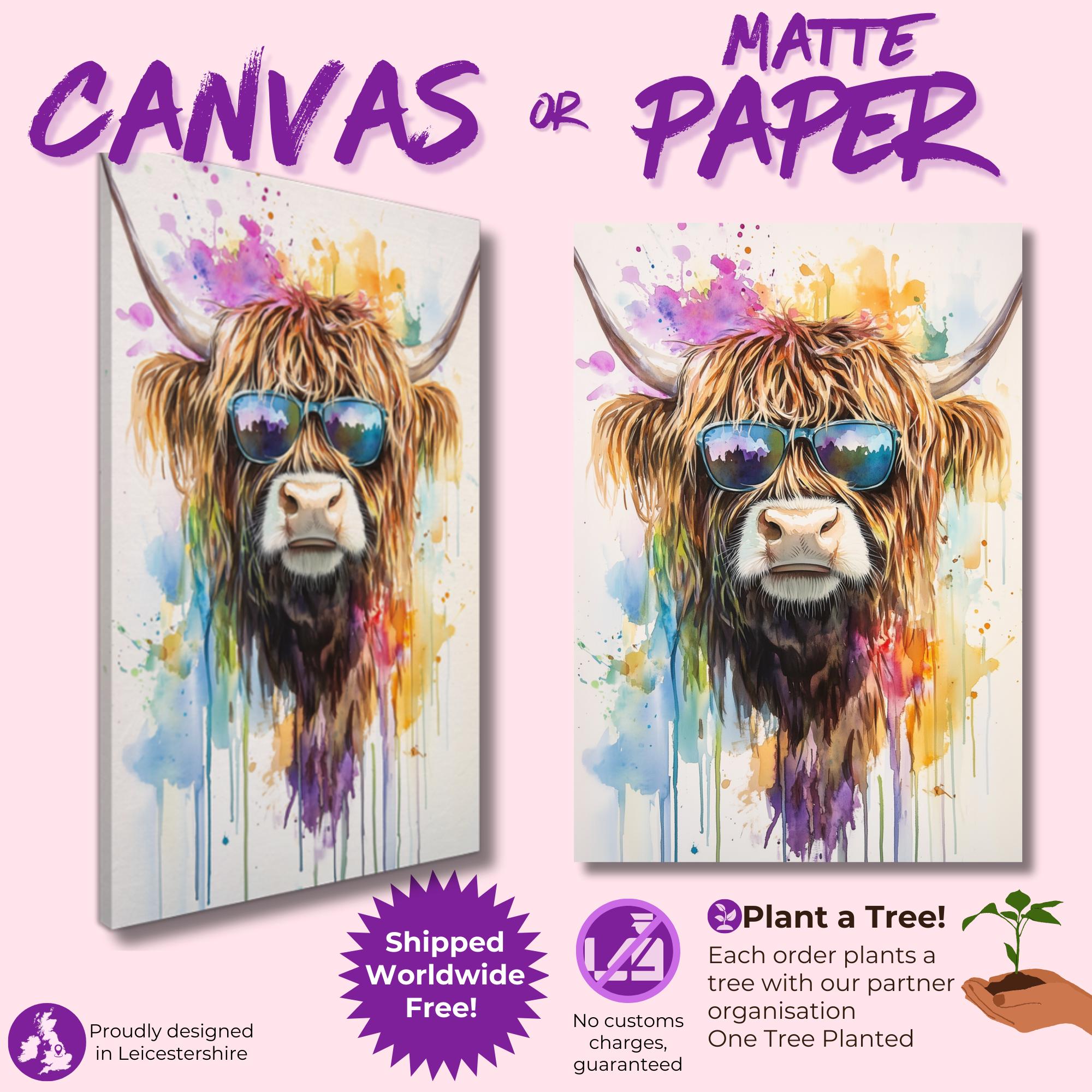 Highland Cow with Sunglasses Canvas / Poster Print. Watercolour Paint Splash Wall Decor Gift Scottish Shaggy Cow Painting Farm Animal Farmer - CanvasityCrafts - Free Shipping