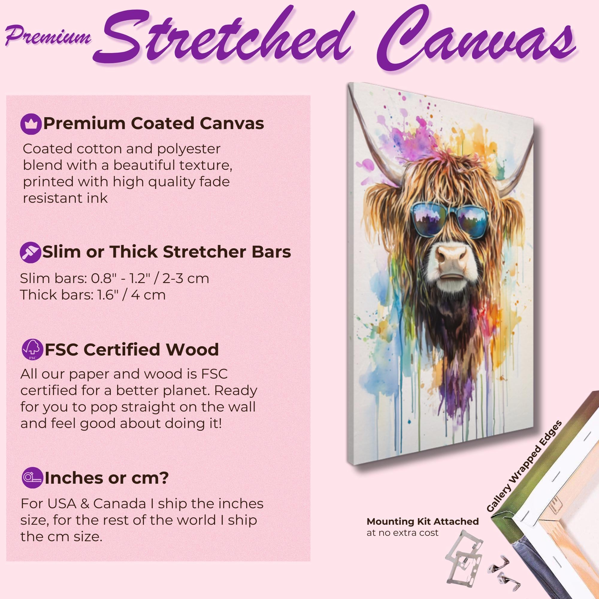 Highland Cow with Sunglasses Canvas / Poster Print. Watercolour Paint Splash Wall Decor Gift Scottish Shaggy Cow Painting Farm Animal Farmer - CanvasityCrafts - Free Shipping