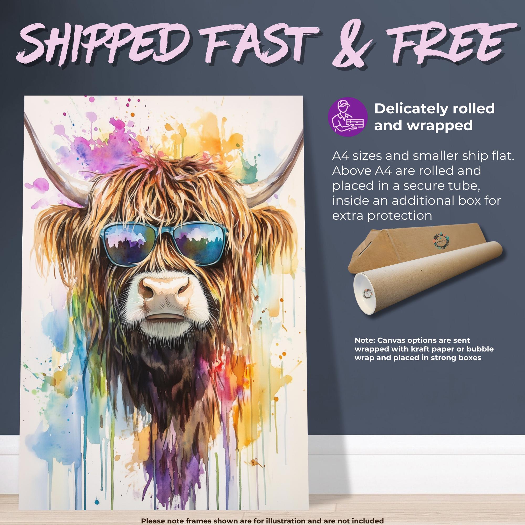 Highland Cow with Sunglasses Canvas / Poster Print. Watercolour Paint Splash Wall Decor Gift Scottish Shaggy Cow Painting Farm Animal Farmer - CanvasityCrafts - Free Shipping