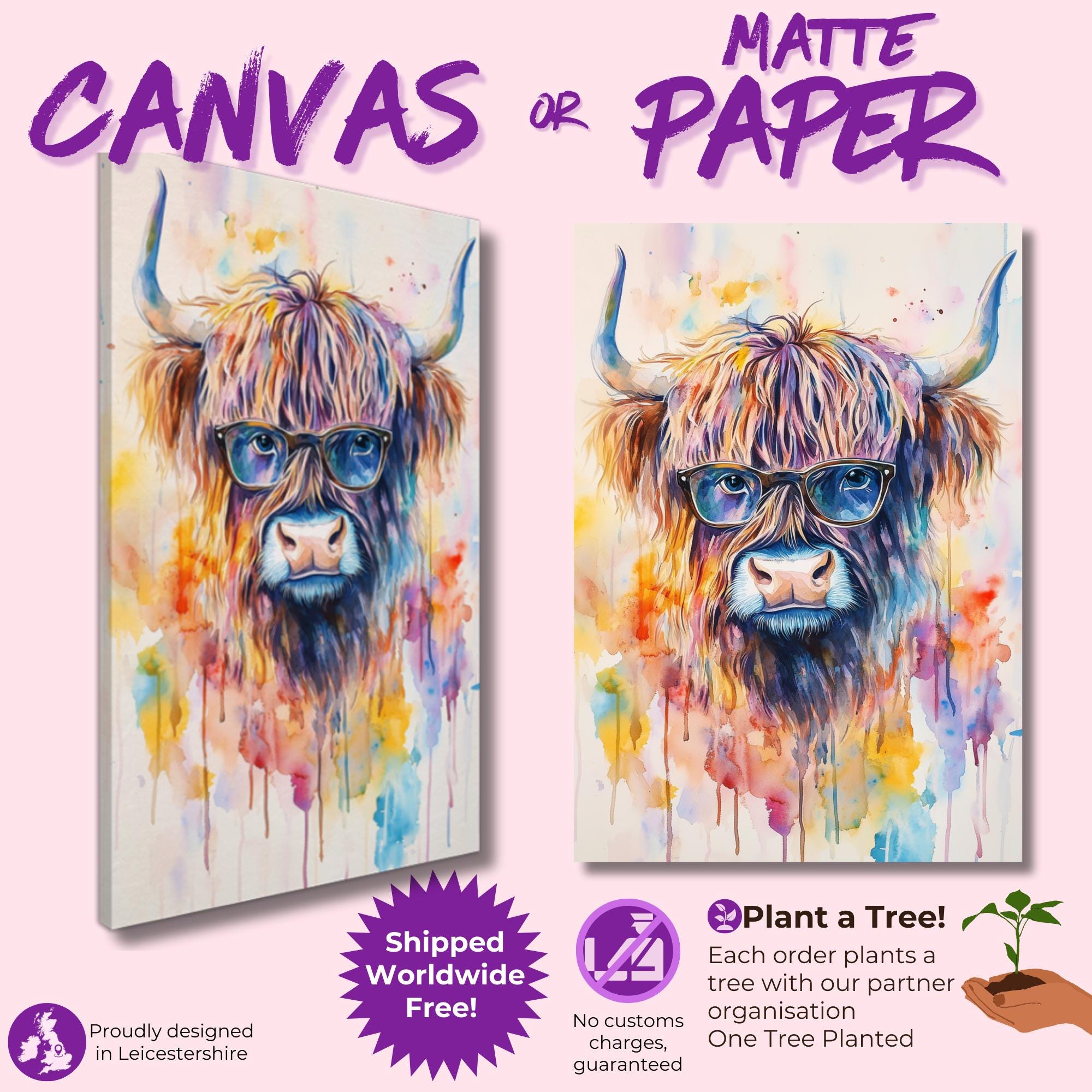 Highland Cow Wearing Glasses Canvas / Poster Print. Watercolour Paint Splash Wall Decor Gift Scottish Shaggy Cow Painting Farm Animal Farmer - CanvasityCrafts - Free Shipping