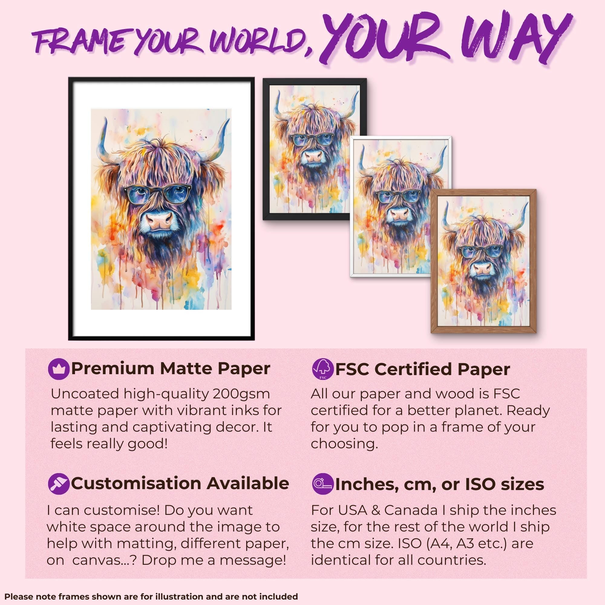 Highland Cow Wearing Glasses Canvas / Poster Print. Watercolour Paint Splash Wall Decor Gift Scottish Shaggy Cow Painting Farm Animal Farmer - CanvasityCrafts - Free Shipping