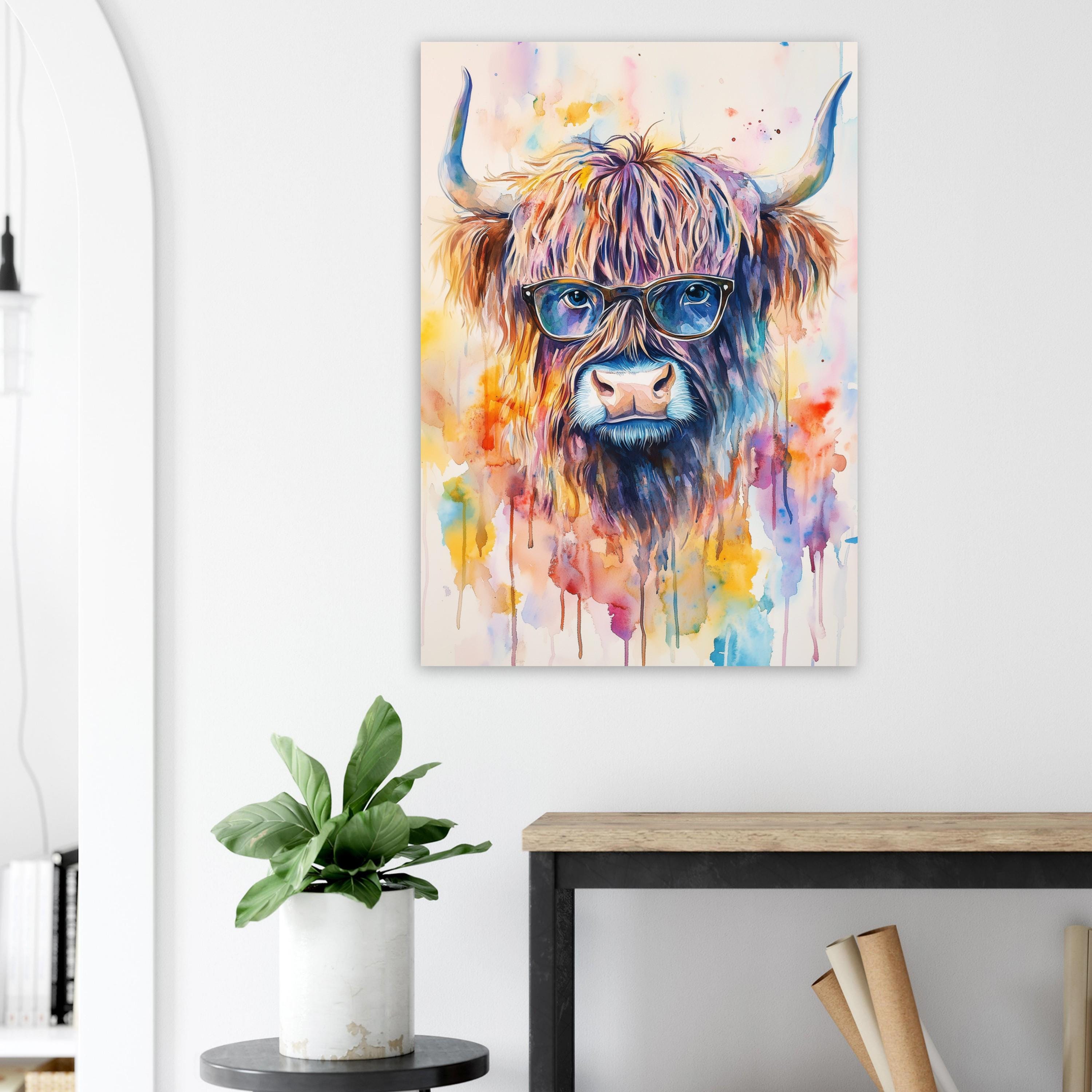 Highland Cow Wearing Glasses Canvas / Poster Print. Watercolour Paint Splash Wall Decor Gift Scottish Shaggy Cow Painting Farm Animal Farmer - CanvasityCrafts - Free Shipping