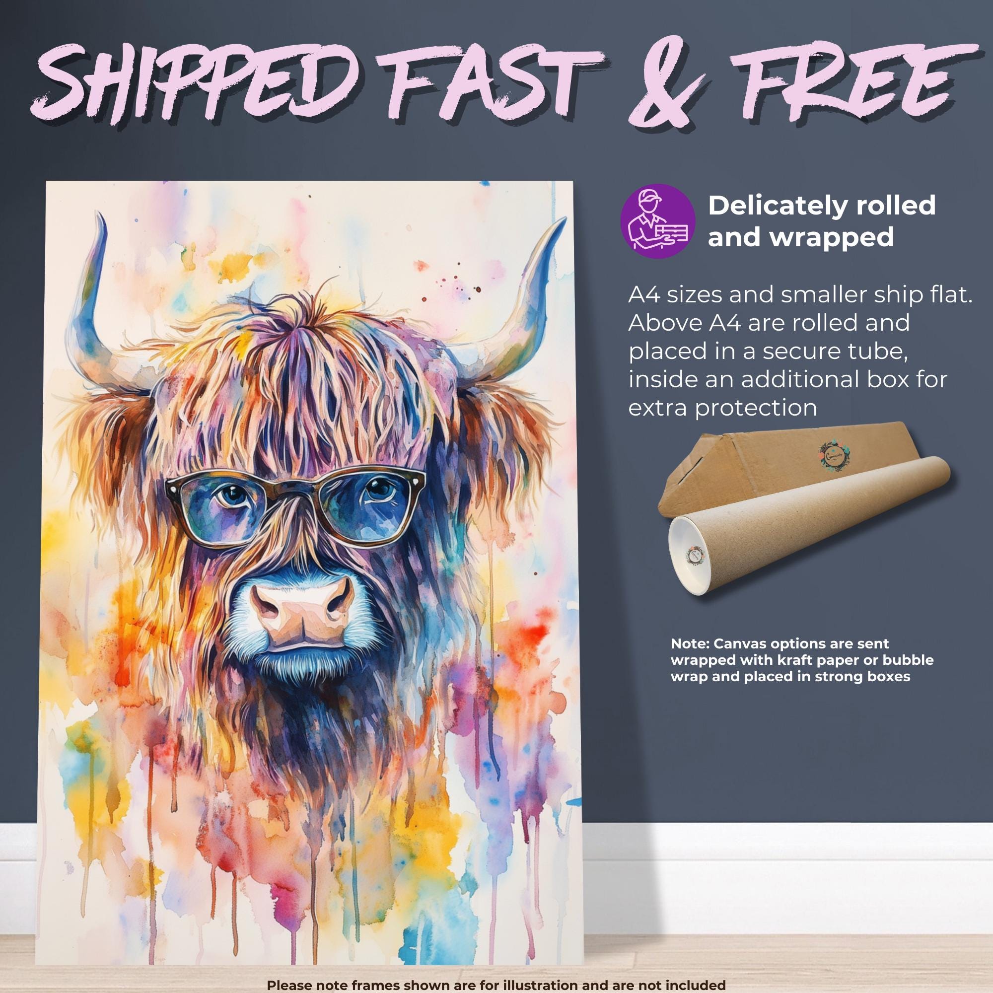 Highland Cow Wearing Glasses Canvas / Poster Print. Watercolour Paint Splash Wall Decor Gift Scottish Shaggy Cow Painting Farm Animal Farmer - CanvasityCrafts - Free Shipping