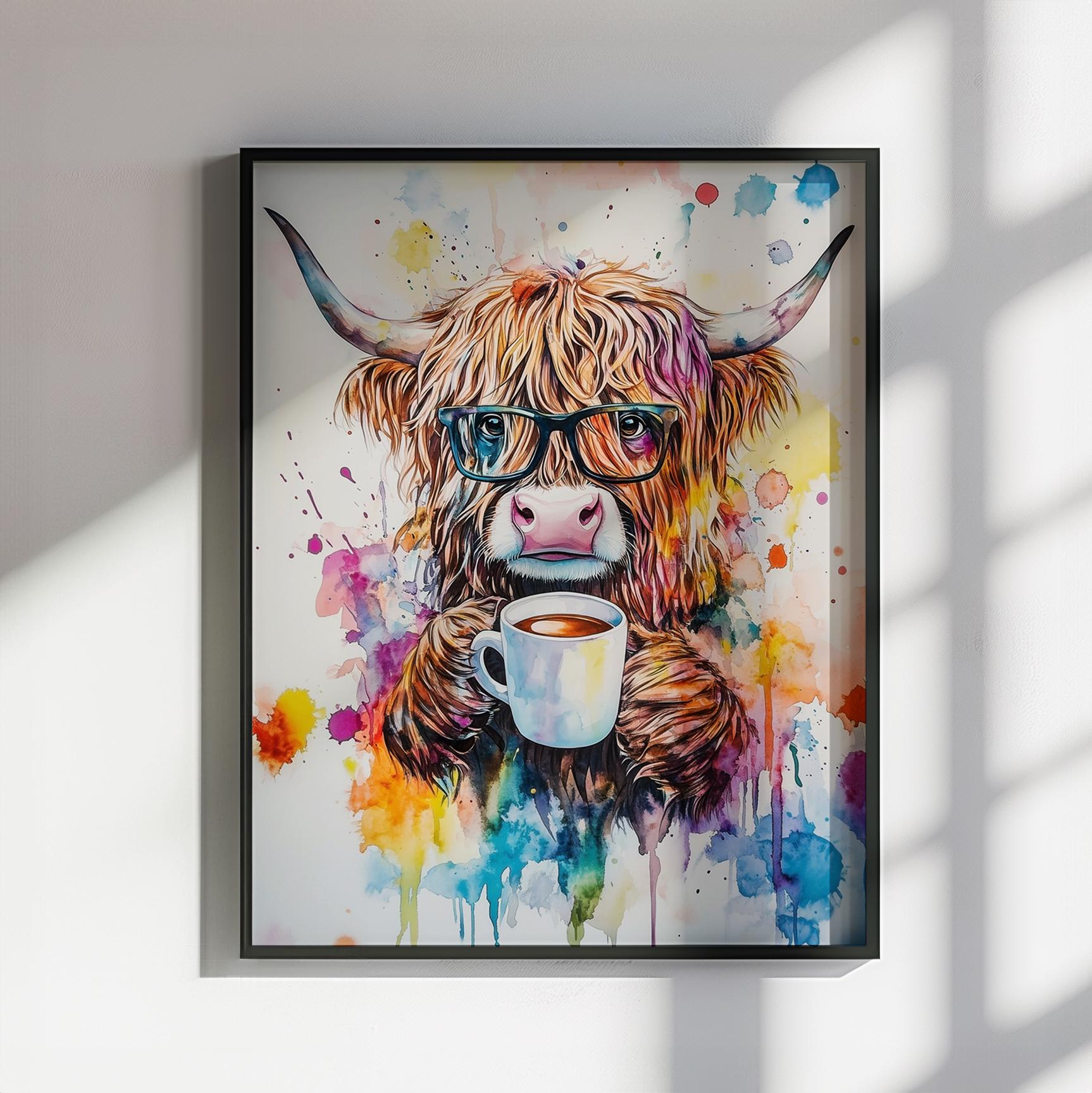 Highland Cow Drinking Tea Canvas / Poster Print. Watercolour Paint Splash Wall Decor Gift Scottish Shaggy Cow Painting Farm Animal Farmer - CanvasityCrafts - Free Shipping