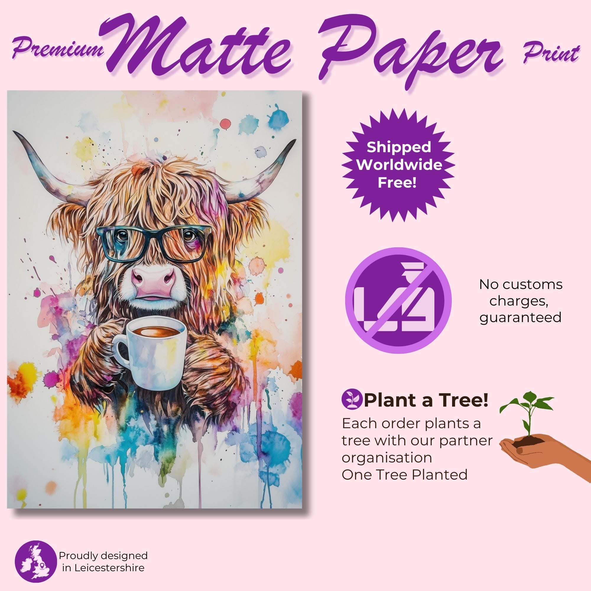Highland Cow Drinking Tea Canvas / Poster Print. Watercolour Paint Splash Wall Decor Gift Scottish Shaggy Cow Painting Farm Animal Farmer - CanvasityCrafts - Free Shipping