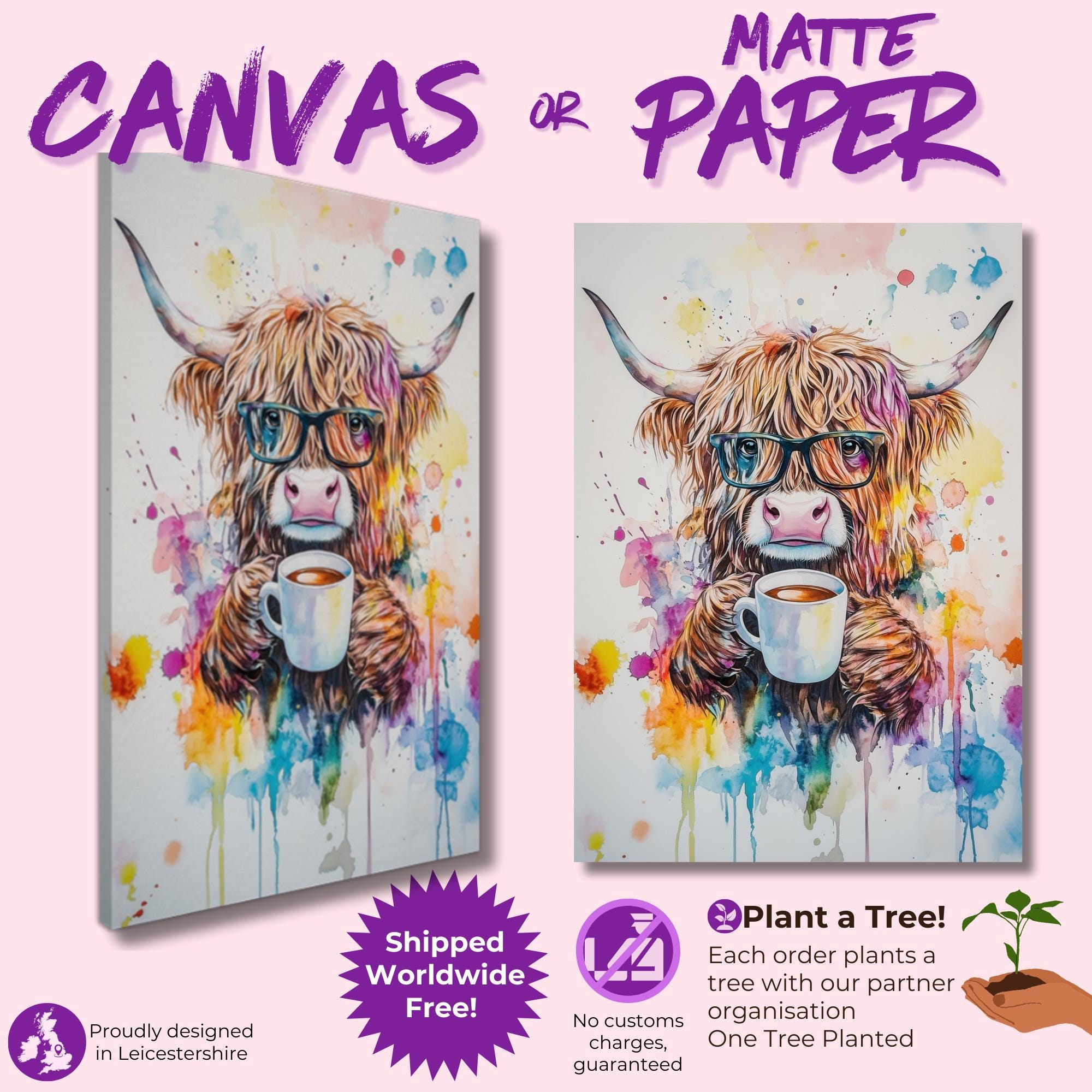 Highland Cow Drinking Tea Canvas / Poster Print. Watercolour Paint Splash Wall Decor Gift Scottish Shaggy Cow Painting Farm Animal Farmer - CanvasityCrafts - Free Shipping