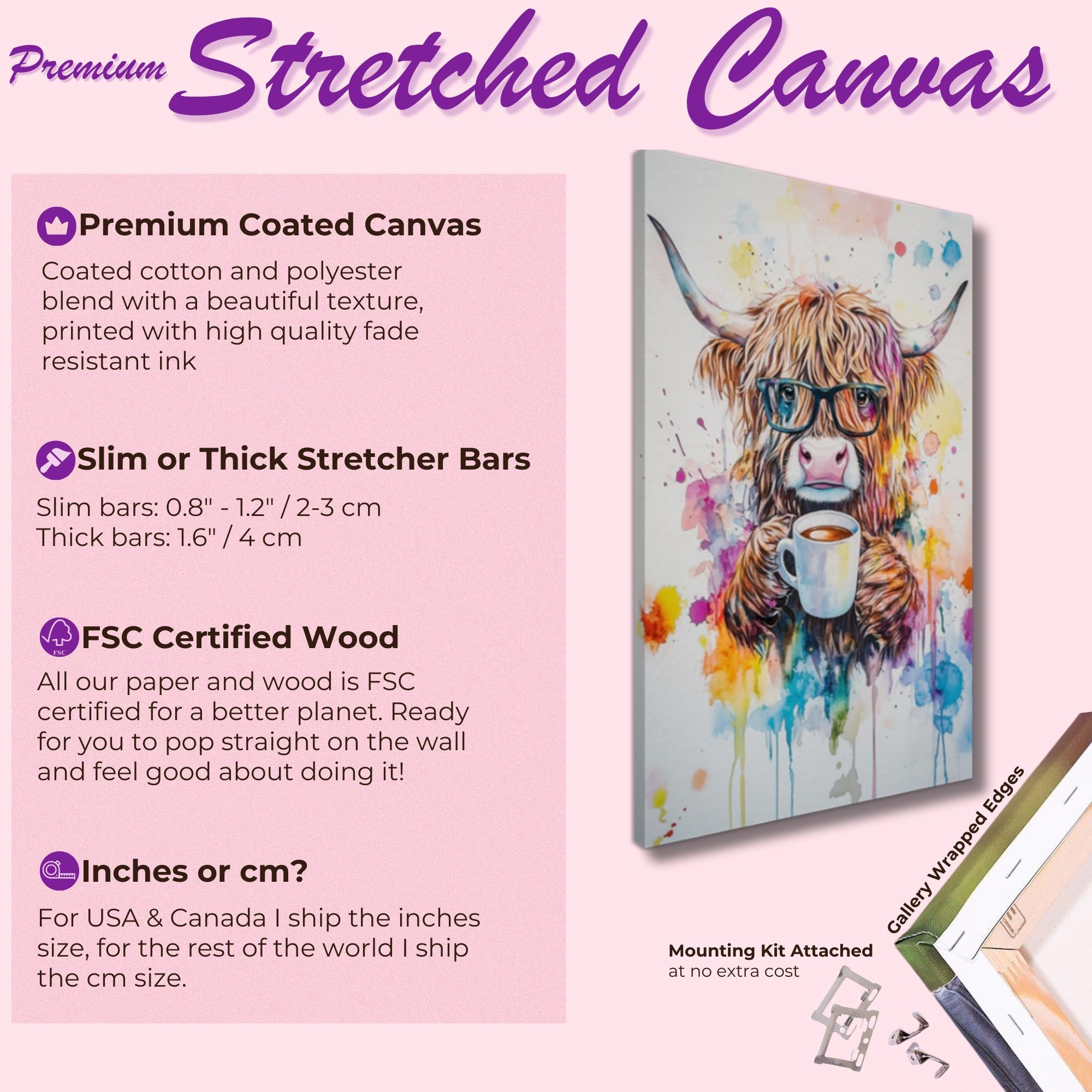 Highland Cow Drinking Tea Canvas / Poster Print. Watercolour Paint Splash Wall Decor Gift Scottish Shaggy Cow Painting Farm Animal Farmer - CanvasityCrafts - Free Shipping