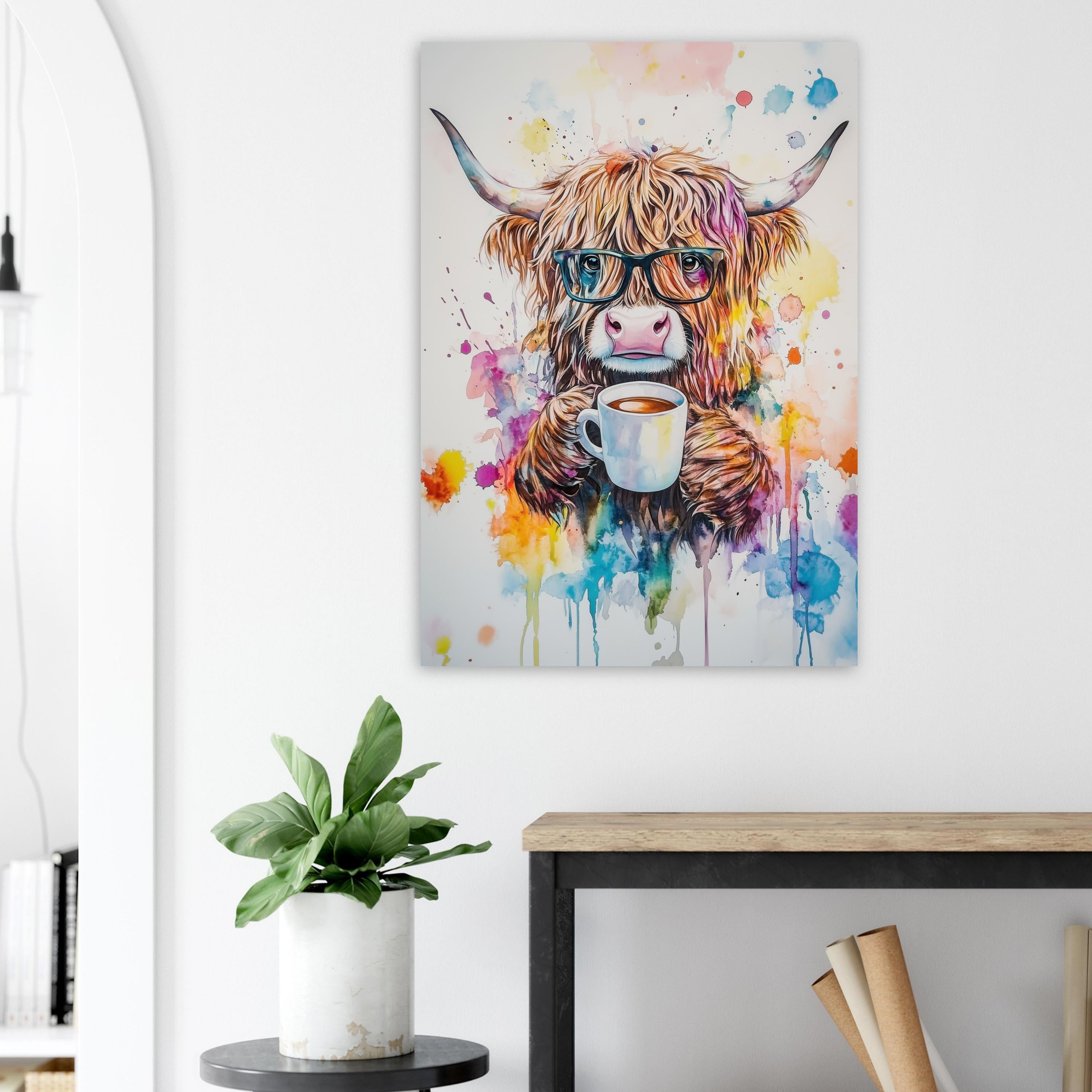 Highland Cow Drinking Tea Canvas / Poster Print. Watercolour Paint Splash Wall Decor Gift Scottish Shaggy Cow Painting Farm Animal Farmer - CanvasityCrafts - Free Shipping