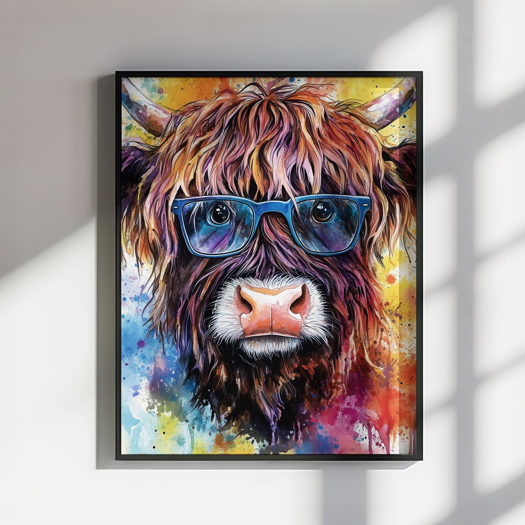 Highland Cow Wearing Glasses Canvas / Poster Print. Watercolour Paint Splash Wall Decor Gift Scottish Shaggy Cow Painting Farm Animal Farmer - CanvasityCrafts - Free Shipping