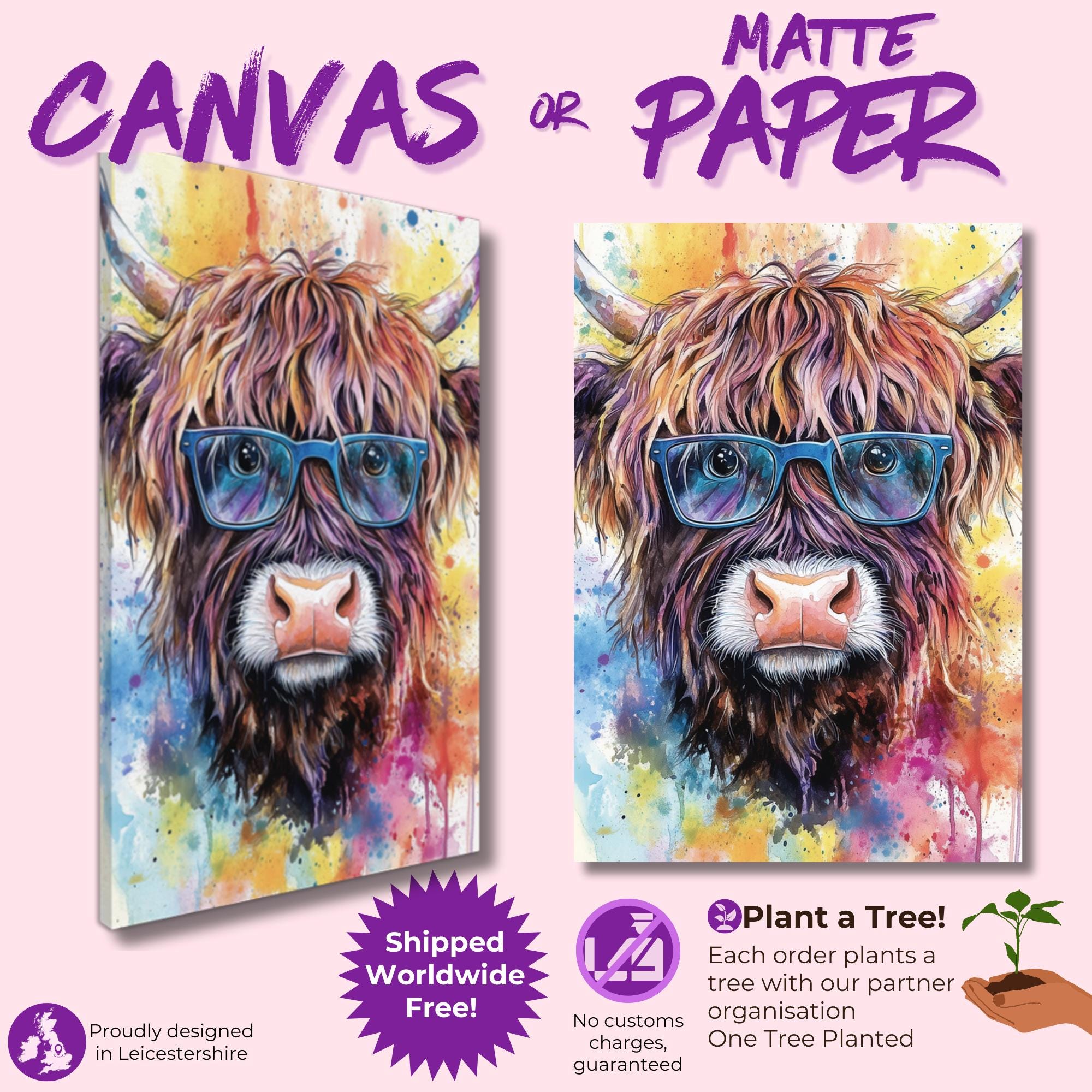Highland Cow Wearing Glasses Canvas / Poster Print. Watercolour Paint Splash Wall Decor Gift Scottish Shaggy Cow Painting Farm Animal Farmer - CanvasityCrafts - Free Shipping