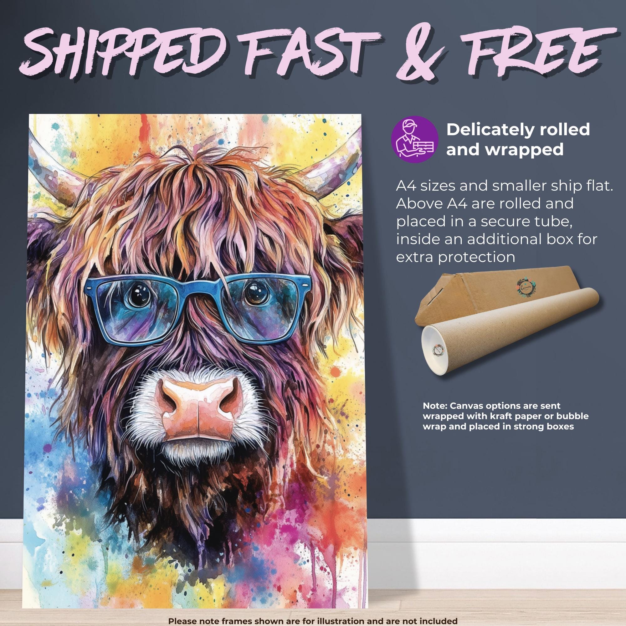 Highland Cow Wearing Glasses Canvas / Poster Print. Watercolour Paint Splash Wall Decor Gift Scottish Shaggy Cow Painting Farm Animal Farmer - CanvasityCrafts - Free Shipping