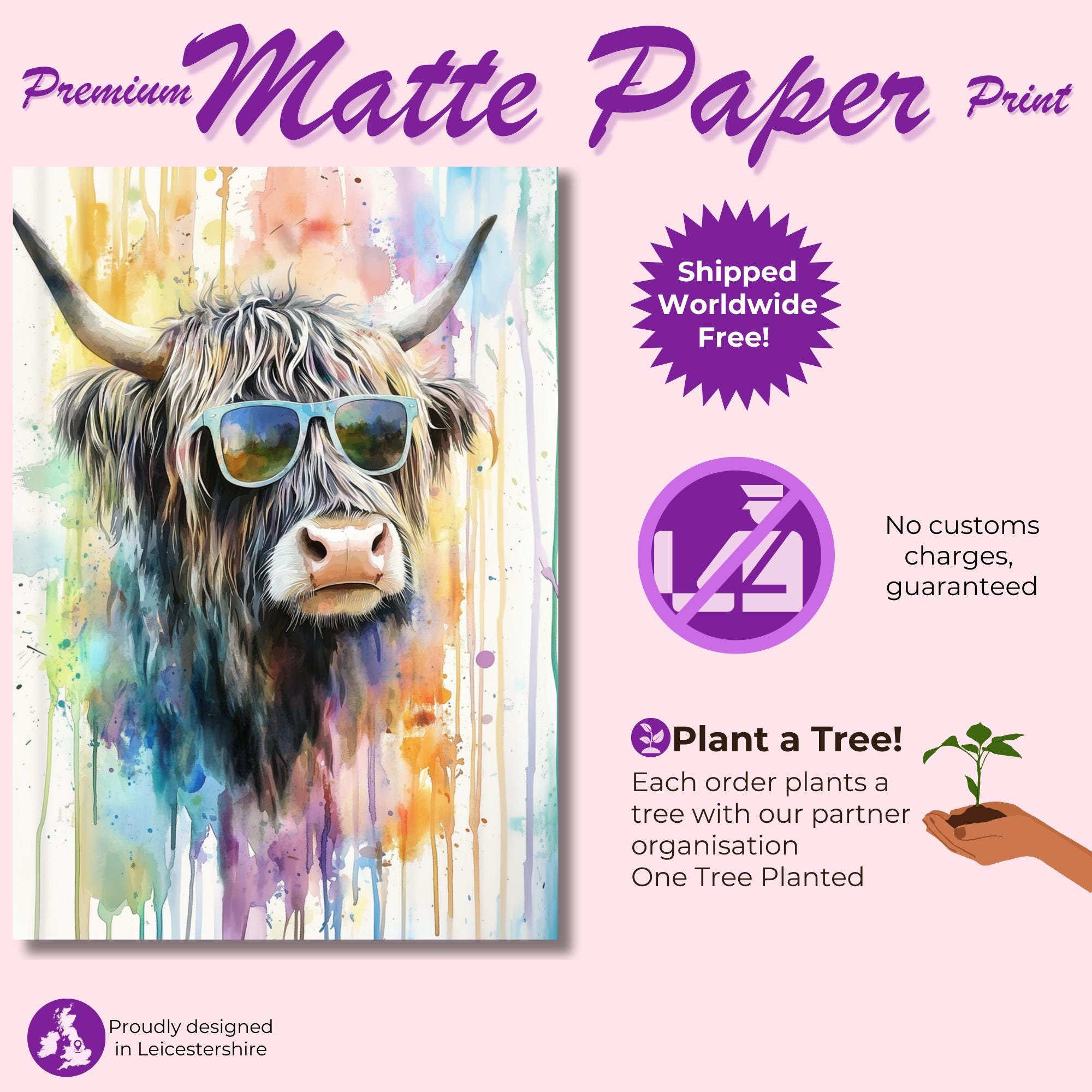 Highland Cow Wearing Sunglasses Canvas / Poster Print. Watercolour Paint Splash Wall Decor Gift Scottish Shaggy Cow Painting Farm Animal - CanvasityCrafts - Free Shipping