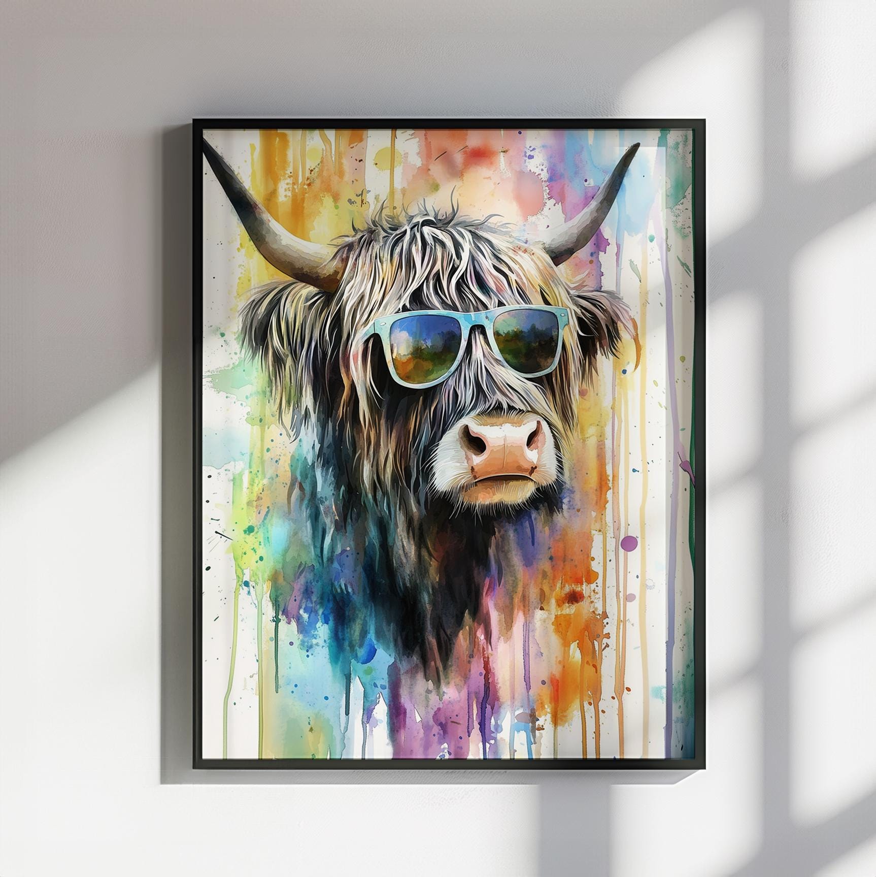 Highland Cow Wearing Sunglasses Canvas / Poster Print. Watercolour Paint Splash Wall Decor Gift Scottish Shaggy Cow Painting Farm Animal - CanvasityCrafts - Free Shipping