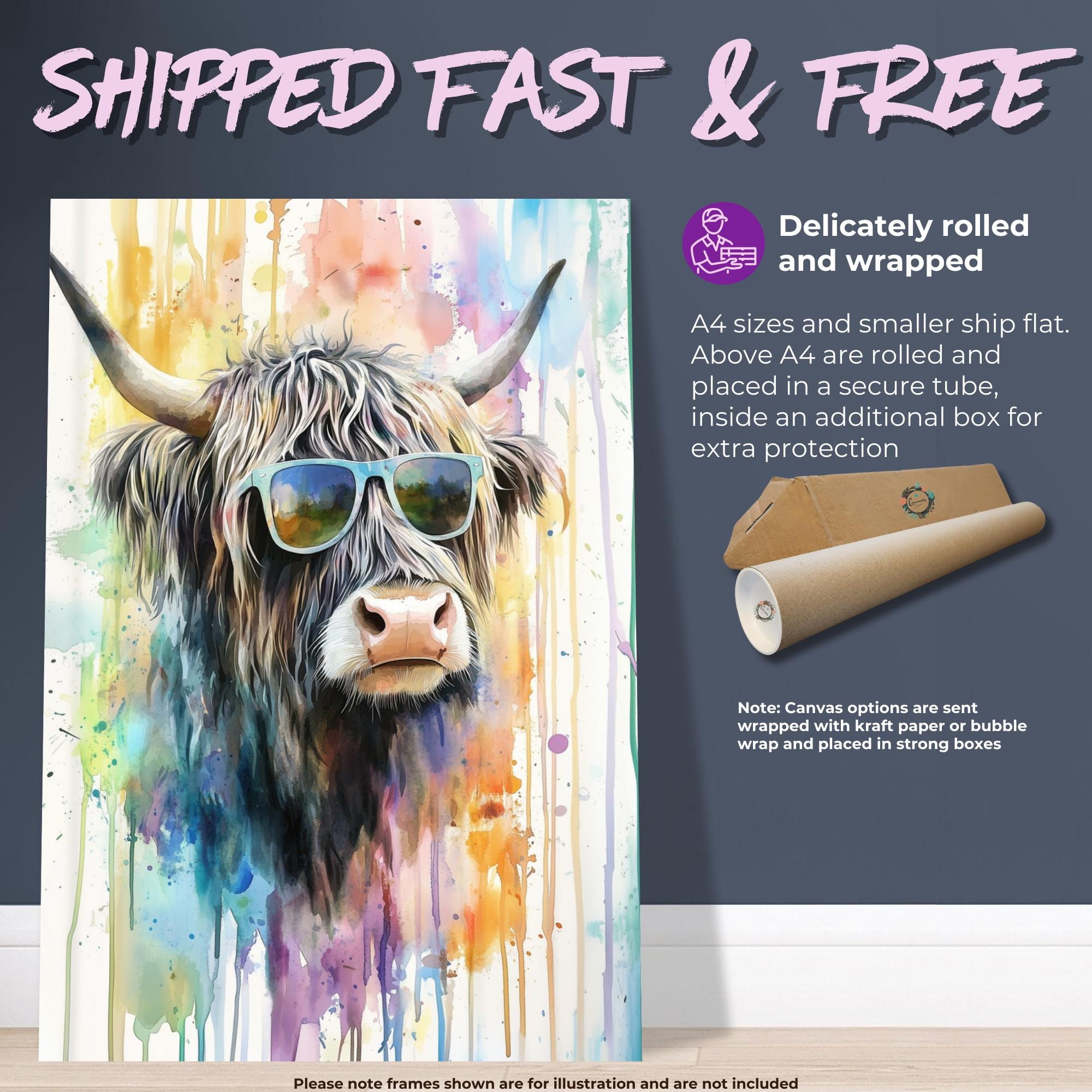 Highland Cow Wearing Sunglasses Canvas / Poster Print. Watercolour Paint Splash Wall Decor Gift Scottish Shaggy Cow Painting Farm Animal - CanvasityCrafts - Free Shipping