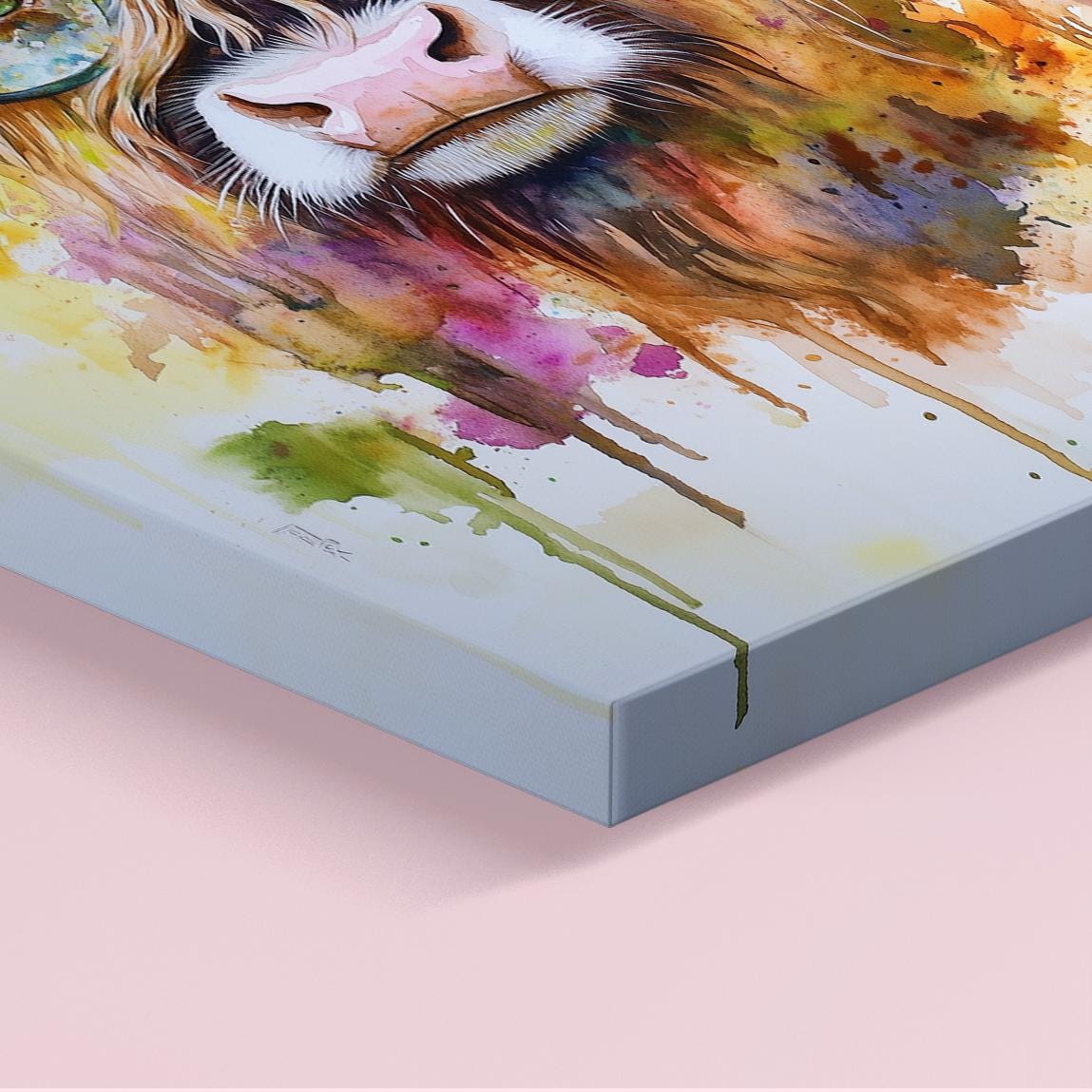 Highland Cow Wearing Glasses Canvas / Poster Print. Watercolour Paint Splash Wall Decor Gift Scottish Shaggy Cow Painting Farm Animal Farmer - CanvasityCrafts - Free Shipping