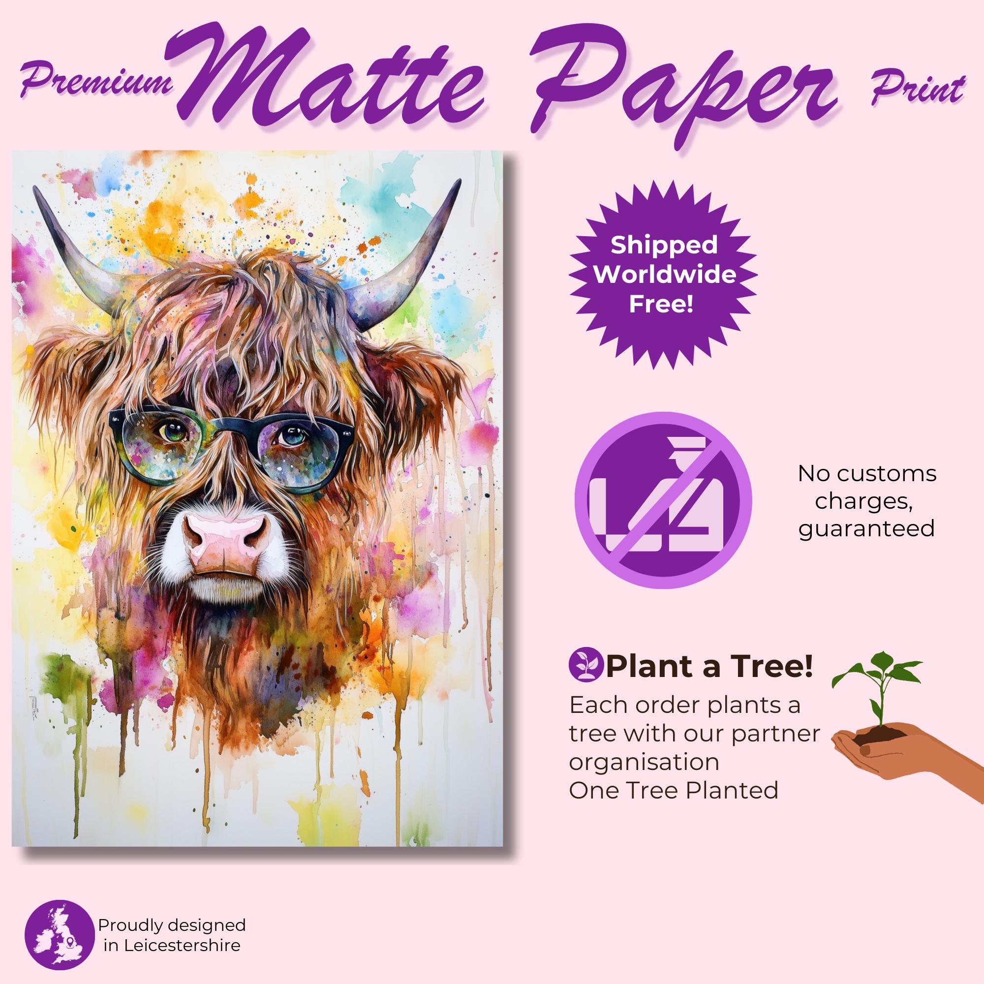 Highland Cow Wearing Glasses Canvas / Poster Print. Watercolour Paint Splash Wall Decor Gift Scottish Shaggy Cow Painting Farm Animal Farmer - CanvasityCrafts - Free Shipping