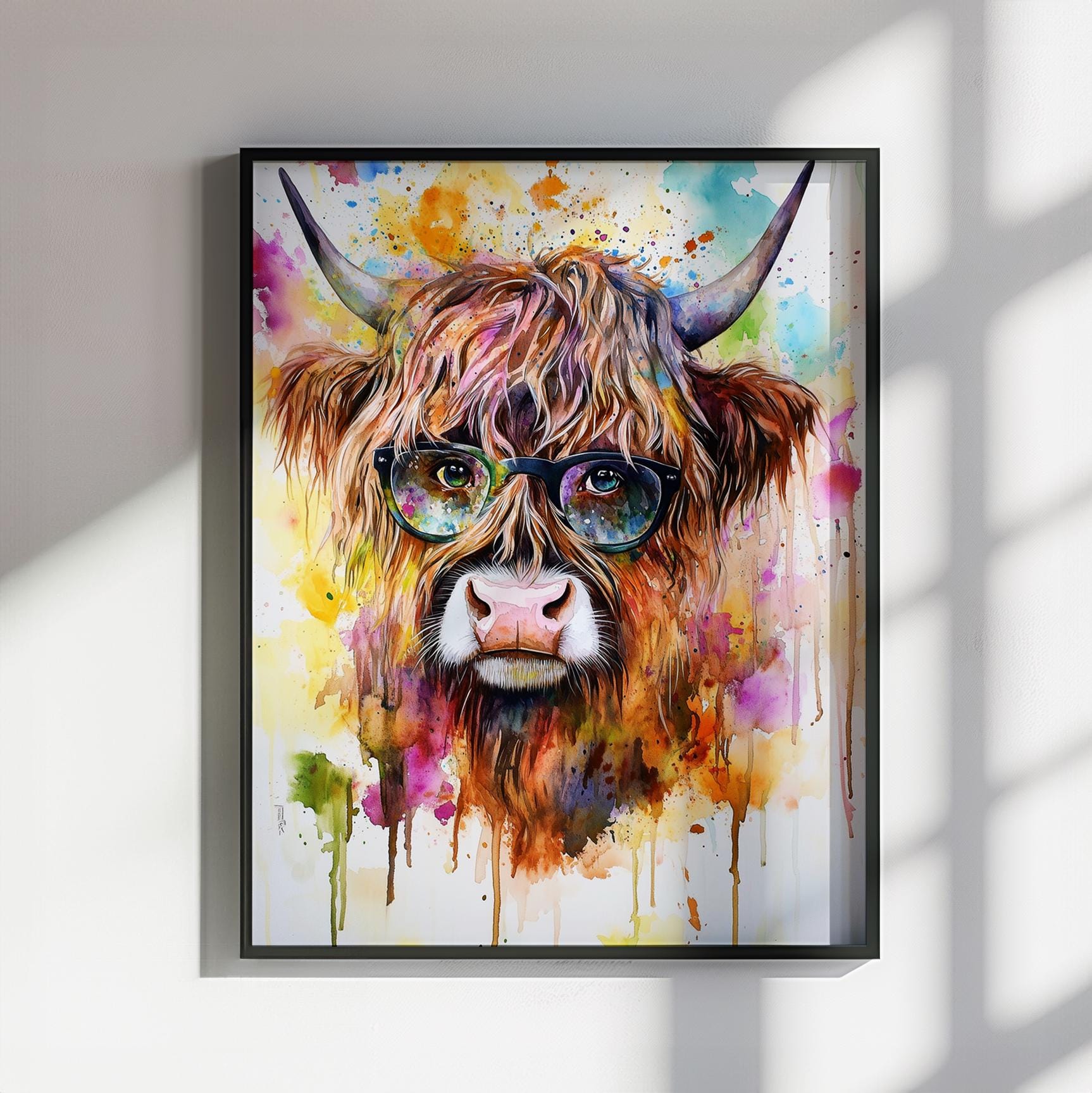 Highland Cow Wearing Glasses Canvas / Poster Print. Watercolour Paint Splash Wall Decor Gift Scottish Shaggy Cow Painting Farm Animal Farmer - CanvasityCrafts - Free Shipping