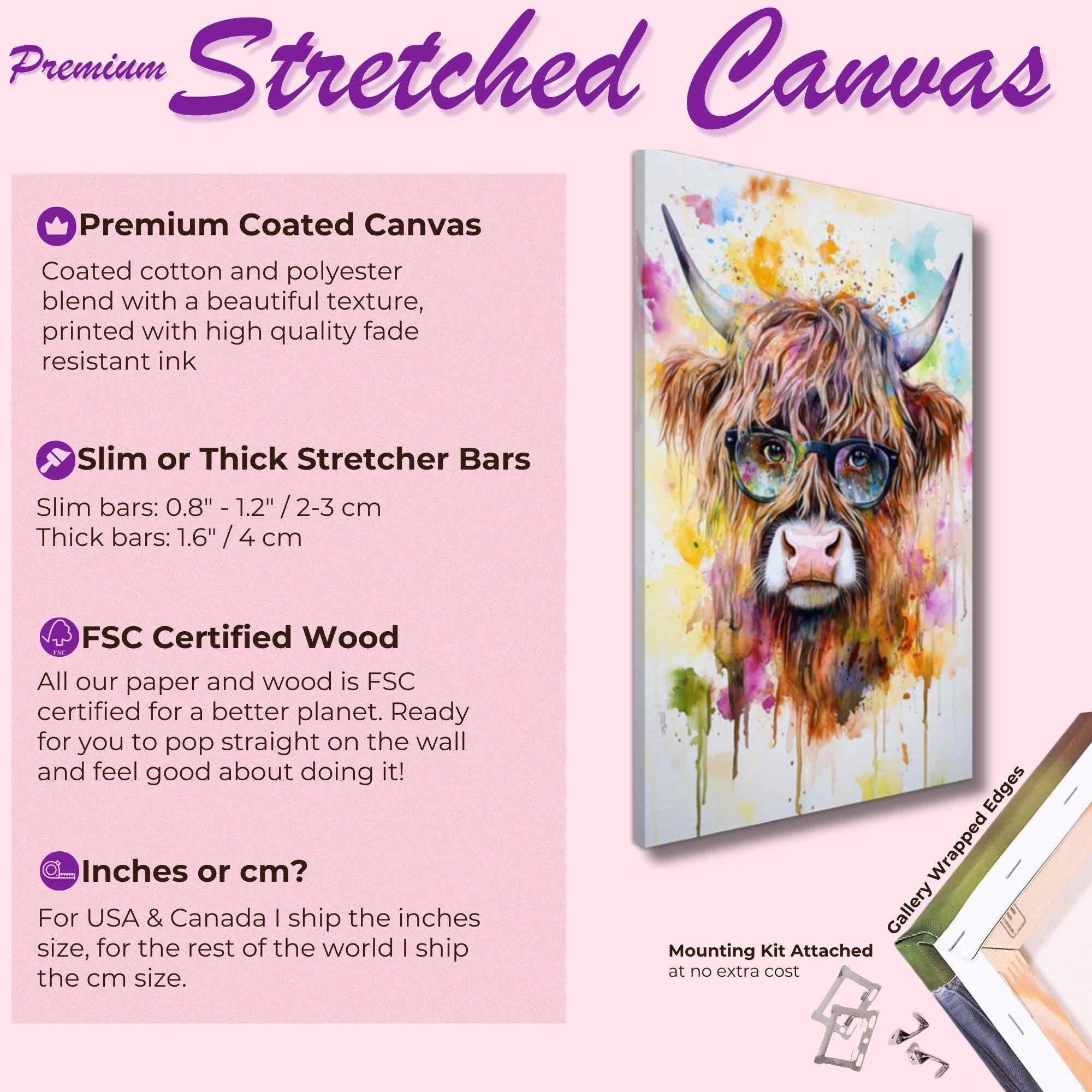 Highland Cow Wearing Glasses Canvas / Poster Print. Watercolour Paint Splash Wall Decor Gift Scottish Shaggy Cow Painting Farm Animal Farmer - CanvasityCrafts - Free Shipping