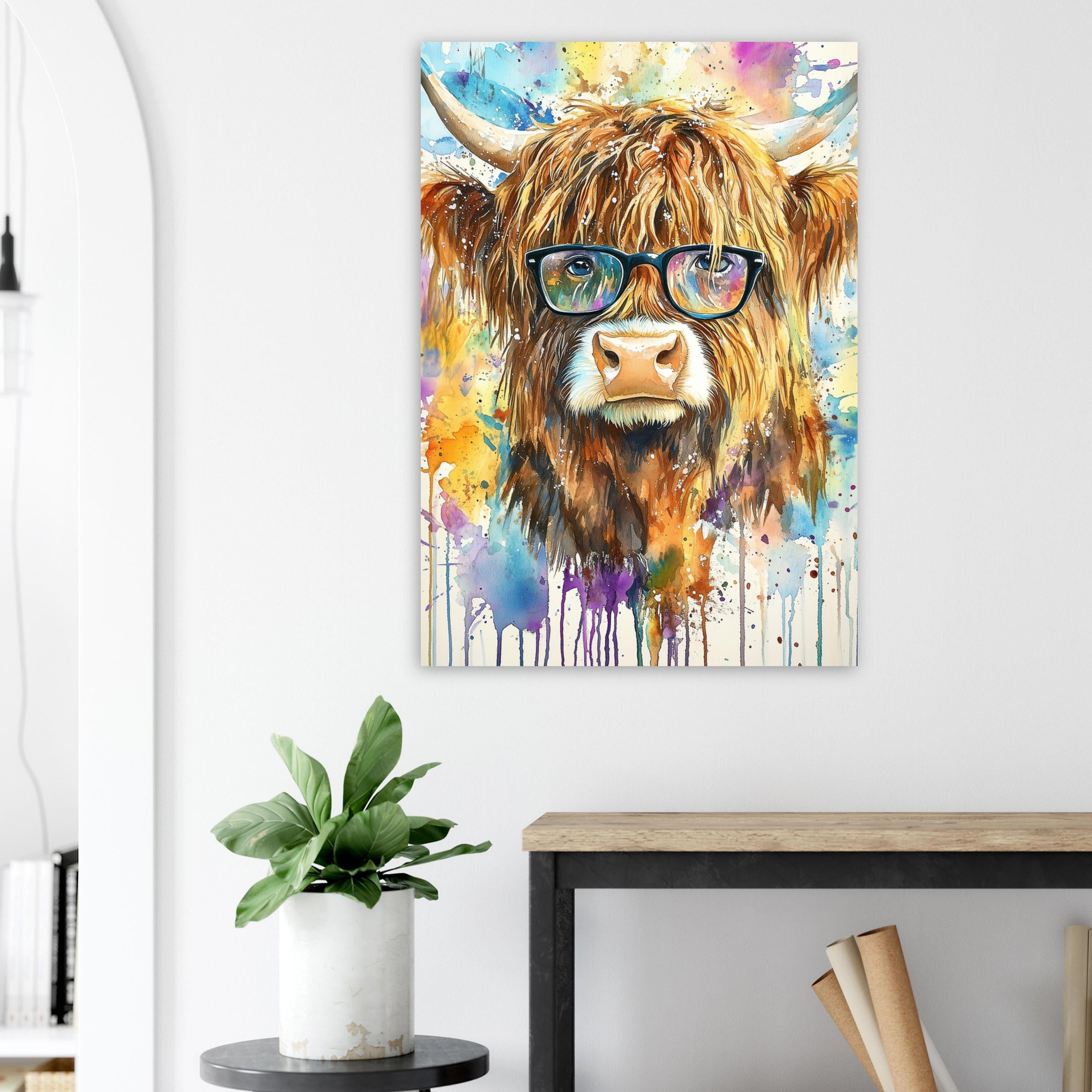 Highland Cow Wearing Glasses Canvas / Poster Print. Watercolour Paint Splash Wall Decor Gift Scottish Shaggy Cow Painting Farm Animal Farmer - CanvasityCrafts - Free Shipping