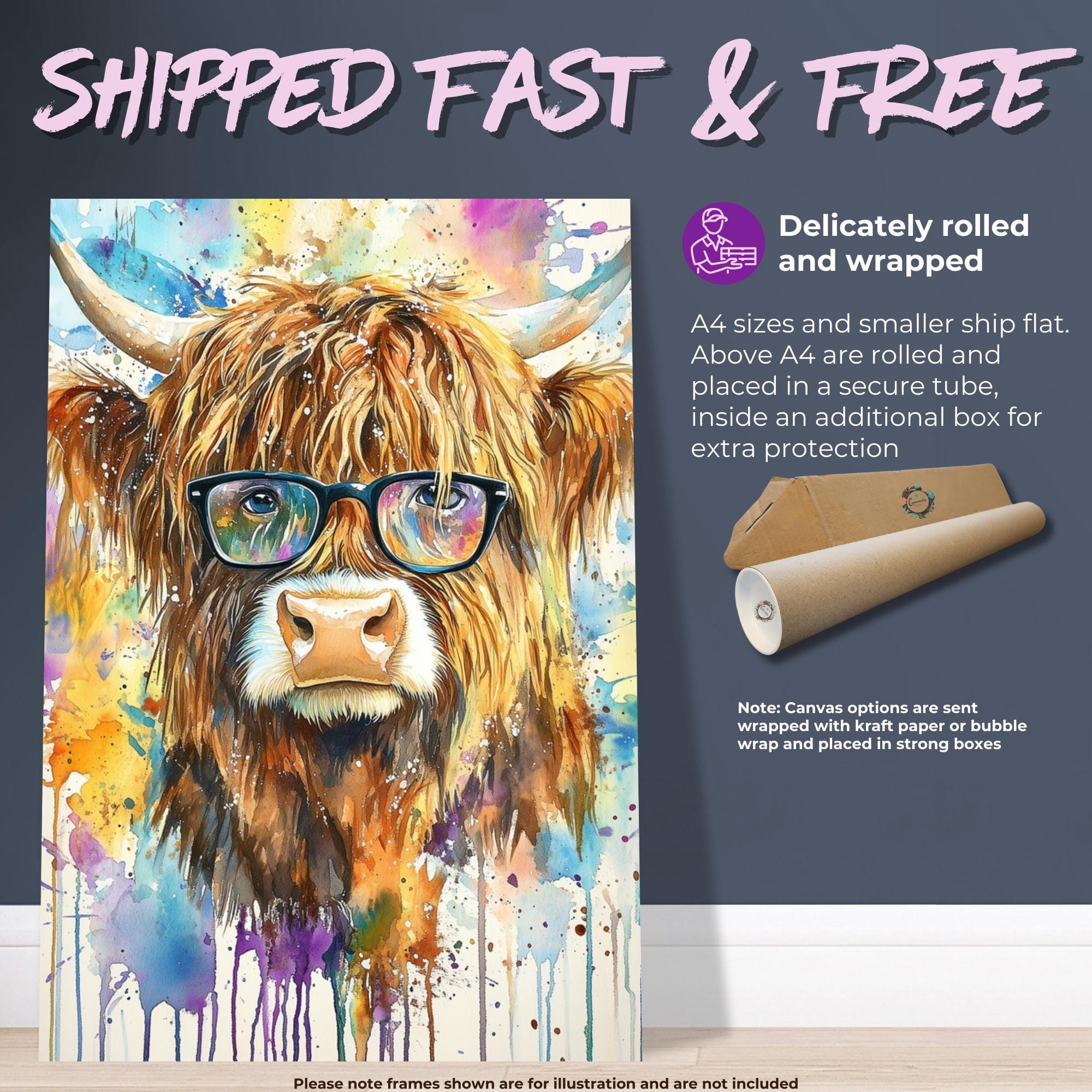 Highland Cow Wearing Glasses Canvas / Poster Print. Watercolour Paint Splash Wall Decor Gift Scottish Shaggy Cow Painting Farm Animal Farmer - CanvasityCrafts - Free Shipping