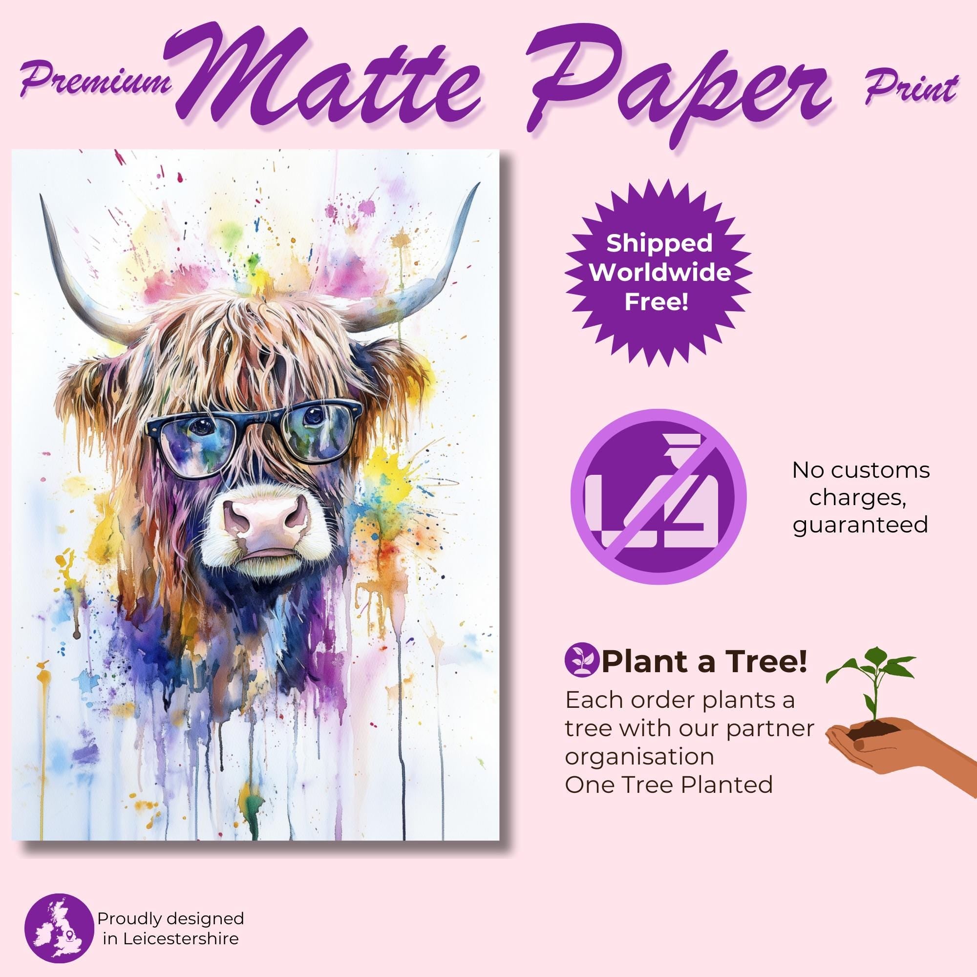 Highland Cow Wearing Glasses Canvas / Poster Print. Watercolour Paint Splash Wall Decor Gift Scottish Shaggy Cow Painting Farm Animal Farmer - CanvasityCrafts - Free Shipping