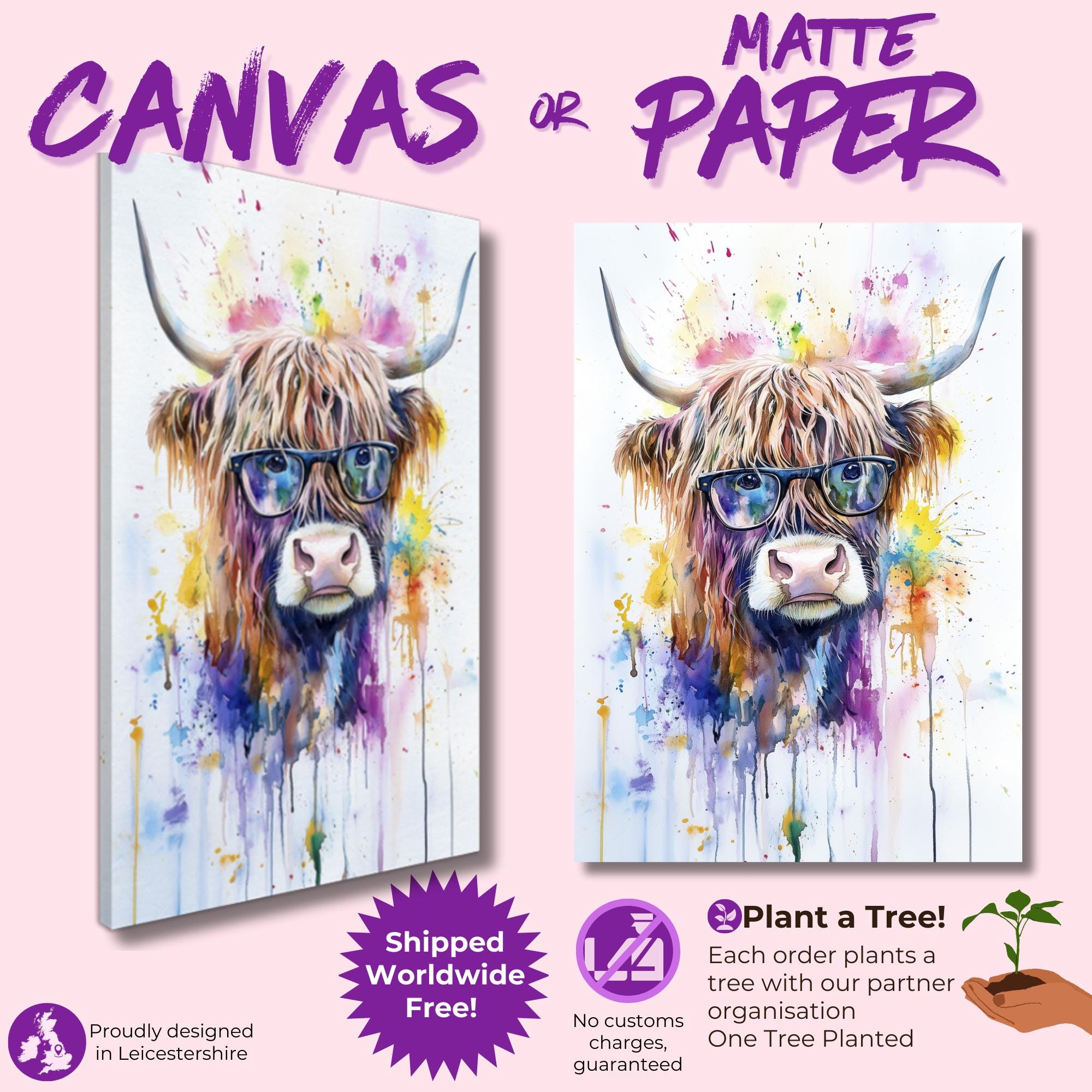 Highland Cow Wearing Glasses Canvas / Poster Print. Watercolour Paint Splash Wall Decor Gift Scottish Shaggy Cow Painting Farm Animal Farmer - CanvasityCrafts - Free Shipping
