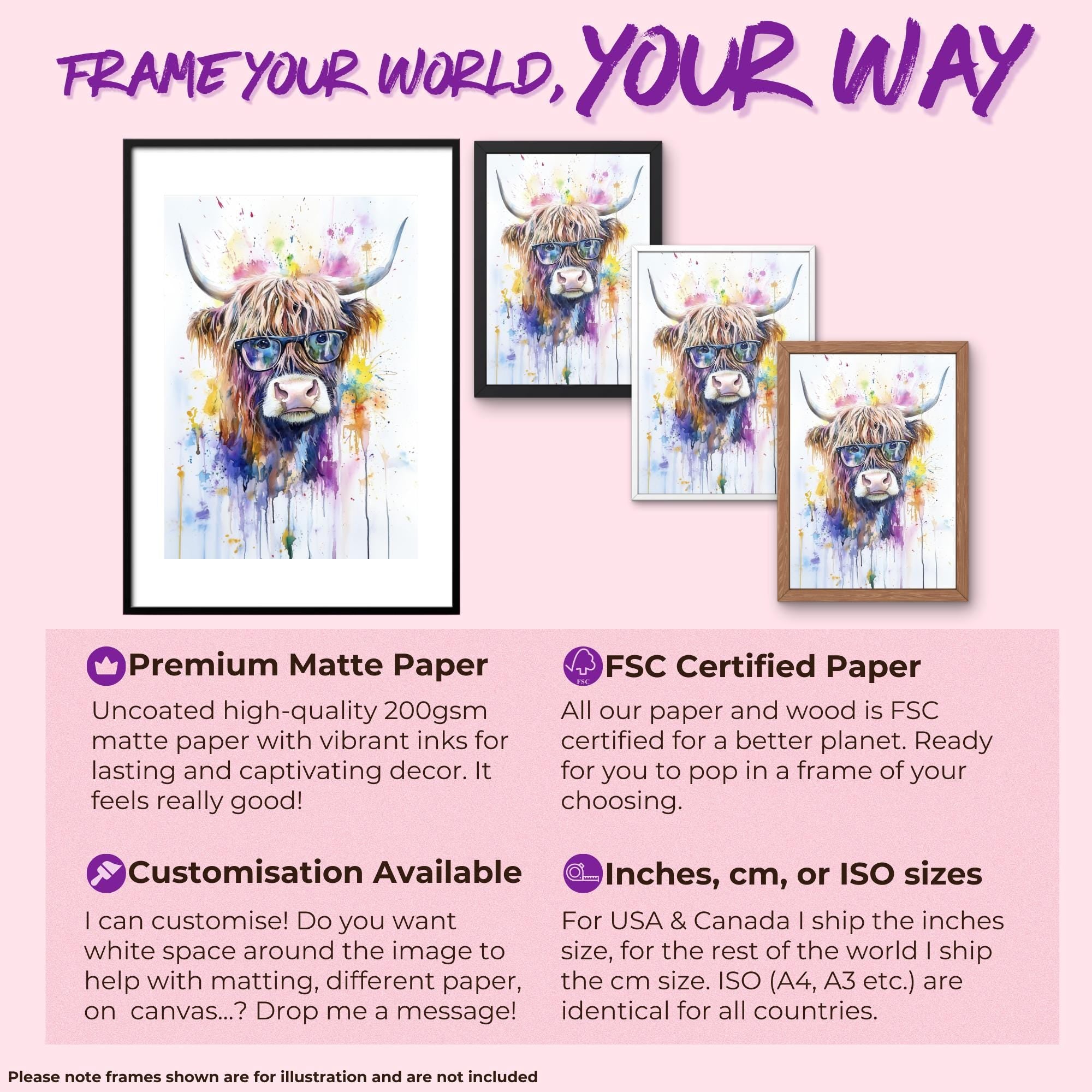 Highland Cow Wearing Glasses Canvas / Poster Print. Watercolour Paint Splash Wall Decor Gift Scottish Shaggy Cow Painting Farm Animal Farmer - CanvasityCrafts - Free Shipping