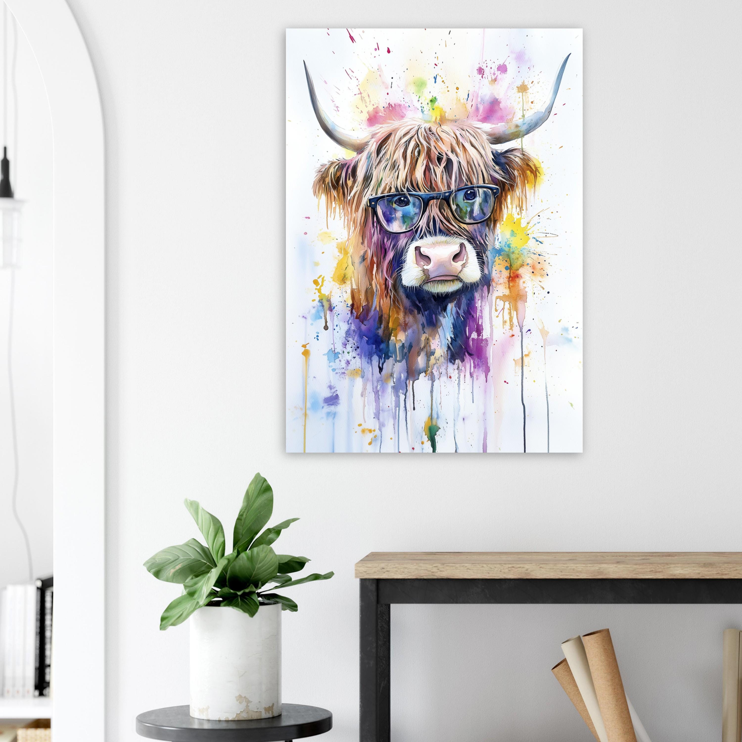 Highland Cow Wearing Glasses Canvas / Poster Print. Watercolour Paint Splash Wall Decor Gift Scottish Shaggy Cow Painting Farm Animal Farmer - CanvasityCrafts - Free Shipping
