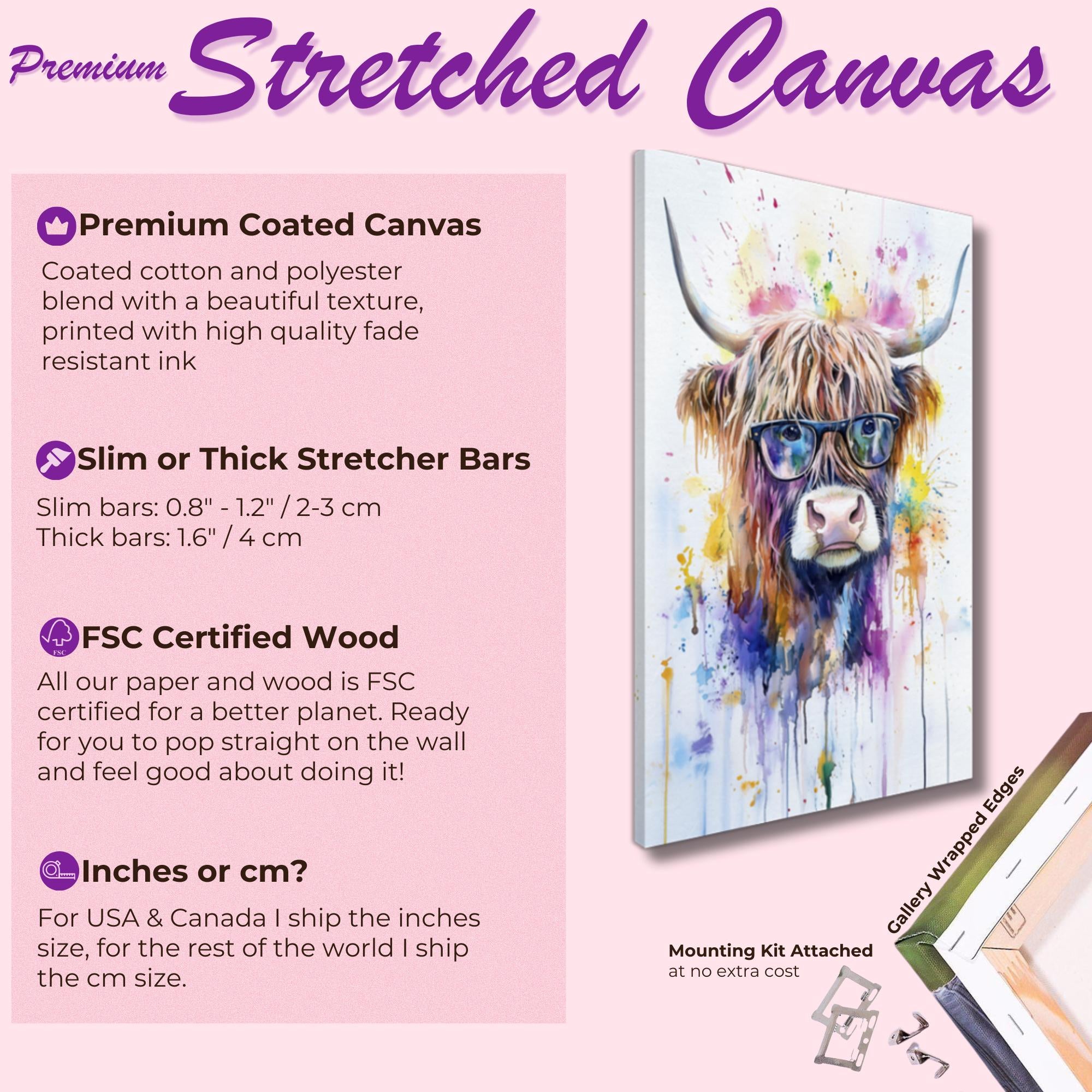 Highland Cow Wearing Glasses Canvas / Poster Print. Watercolour Paint Splash Wall Decor Gift Scottish Shaggy Cow Painting Farm Animal Farmer - CanvasityCrafts - Free Shipping