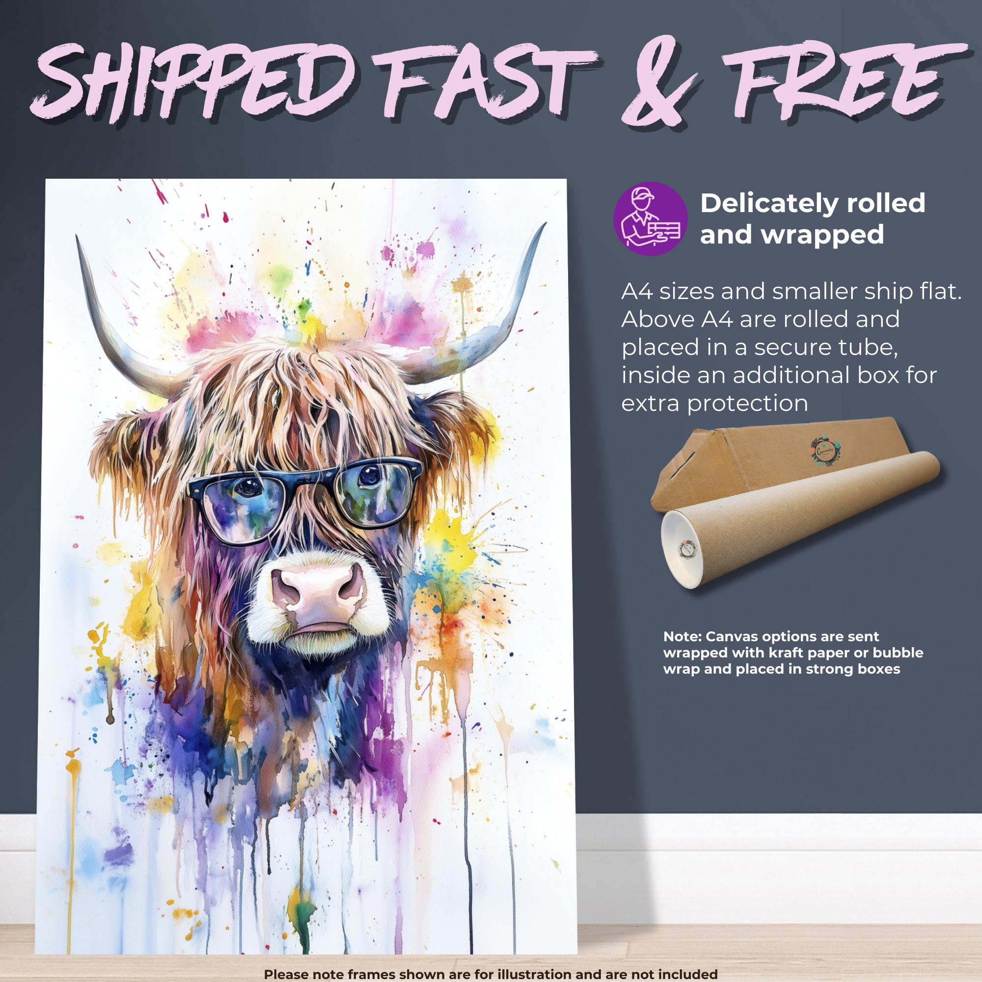 Highland Cow Wearing Glasses Canvas / Poster Print. Watercolour Paint Splash Wall Decor Gift Scottish Shaggy Cow Painting Farm Animal Farmer - CanvasityCrafts - Free Shipping