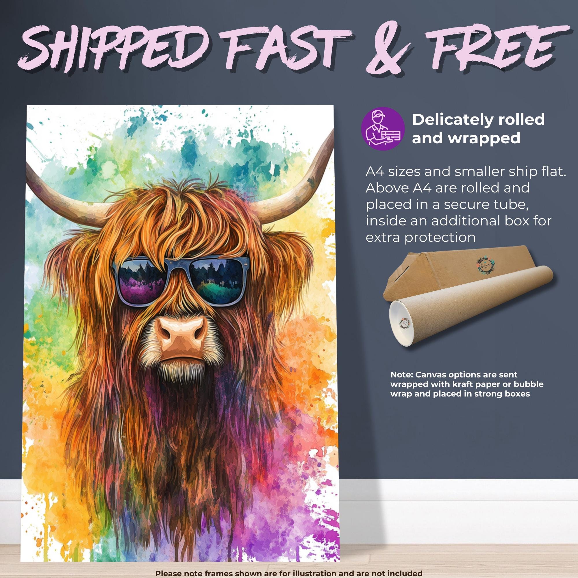 Highland Cow Wearing Sunglasses Canvas / Poster Print. Watercolour Paint Splash Wall Decor Gift Scottish Shaggy Cow Painting Farm Animal - CanvasityCrafts - Free Shipping