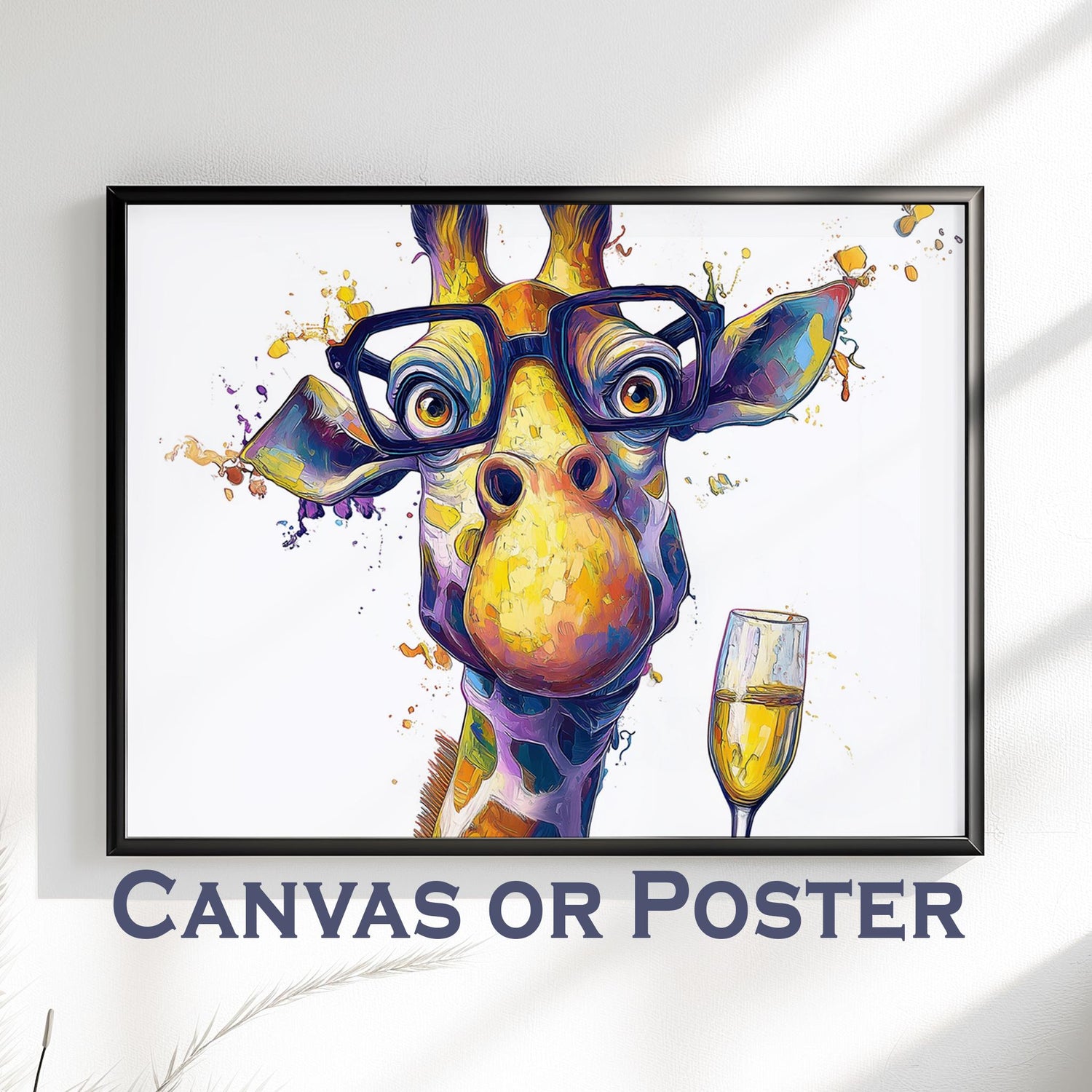 Giraffe with Wine Canvas Or Poster. Funny Painting Print Animal with Glasses Decor Large Kitchen Wall Picture Rainbow Abstract Paint Splash - CanvasityCrafts - Free Shipping