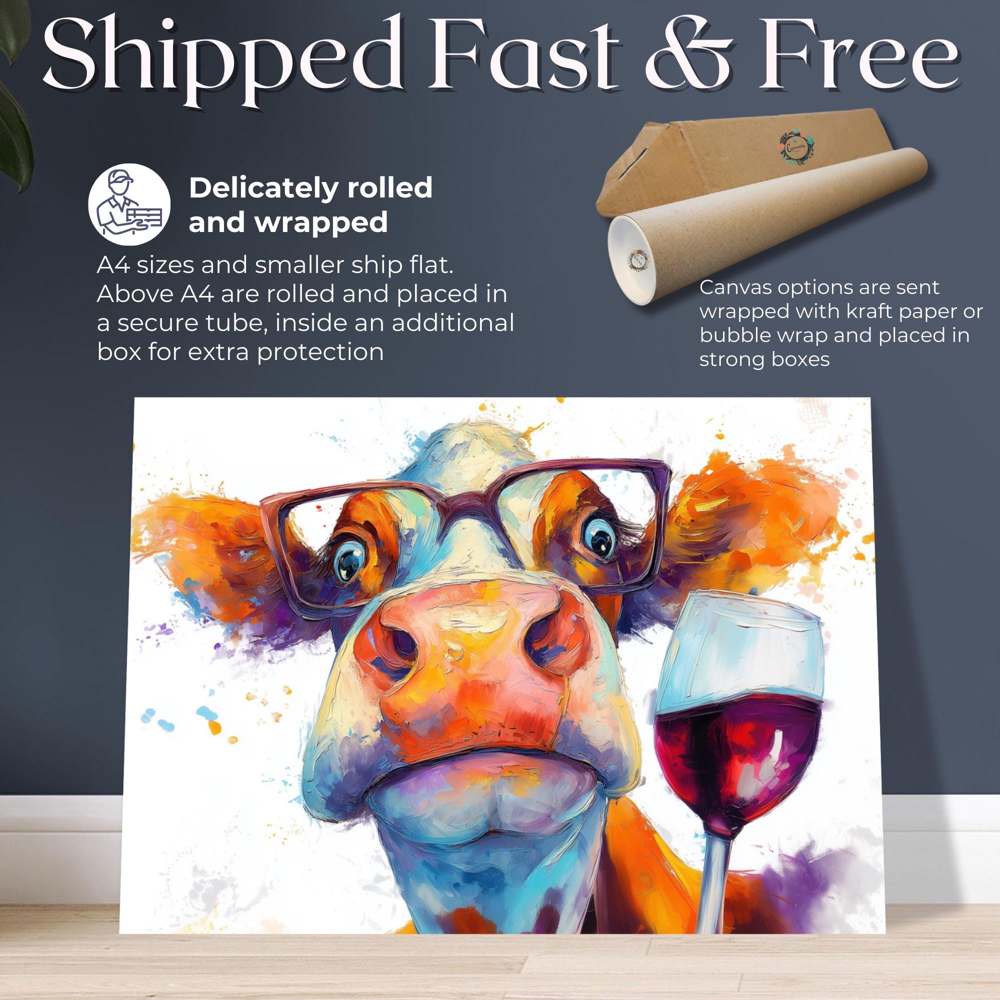 Abstract Cow with Wine Canvas Or Poster. Funny Painting Print Jersey Animal in Glasses Decor Large Kitchen Wall Picture Rainbow Paint Splash - CanvasityCrafts - Free Shipping