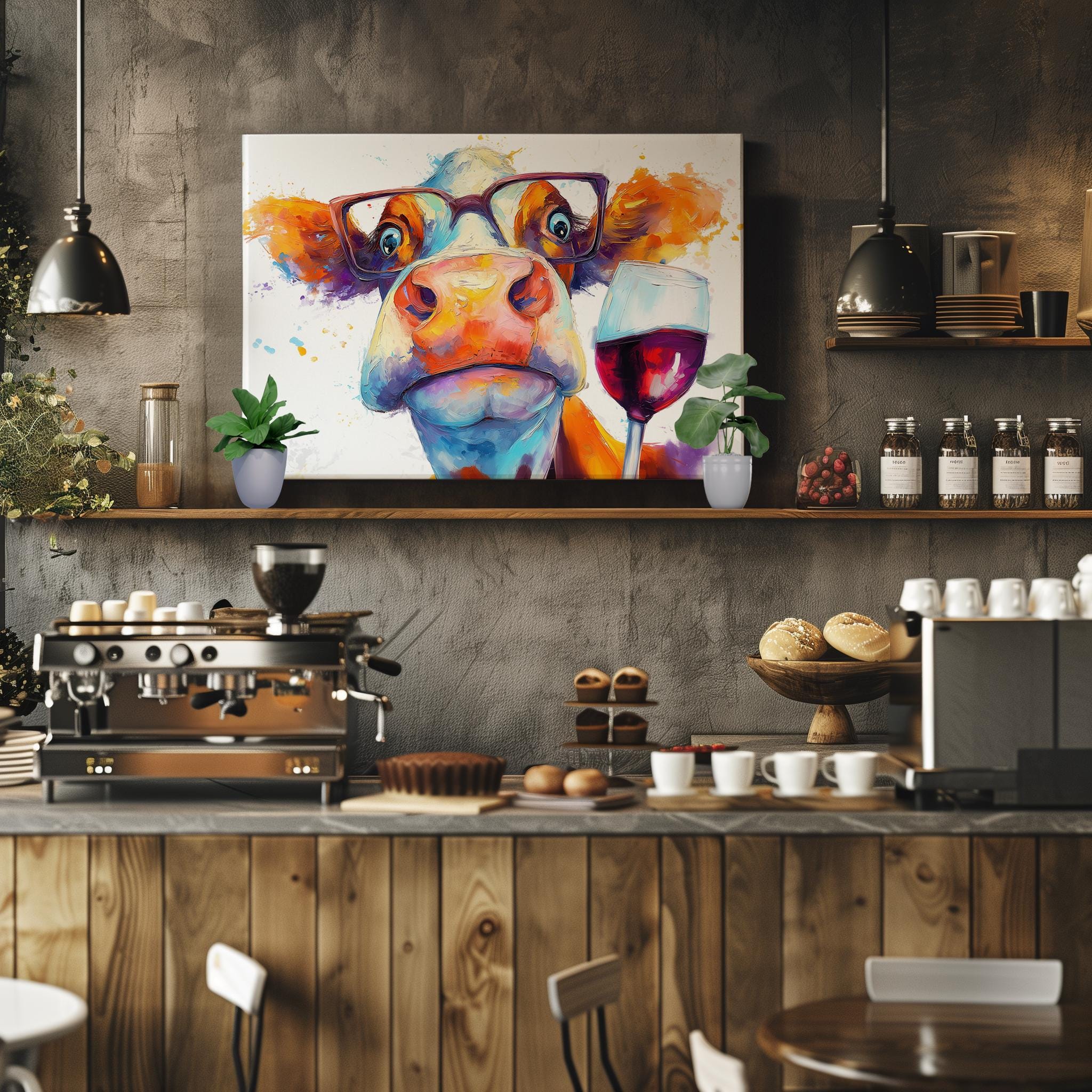Abstract Cow with Wine Canvas Or Poster. Funny Painting Print Jersey Animal in Glasses Decor Large Kitchen Wall Picture Rainbow Paint Splash - CanvasityCrafts - Free Shipping