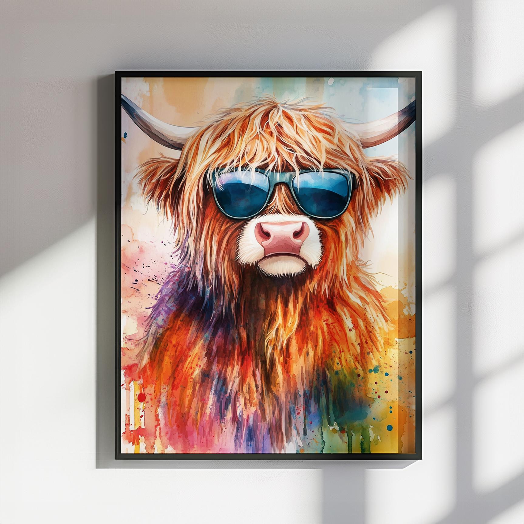 Highland Cow with Sunglasses Canvas / Poster Print. Watercolour Paint Splash Wall Decor Gift Scottish Shaggy Cow Painting Farm Animal Farmer - CanvasityCrafts - Free Shipping