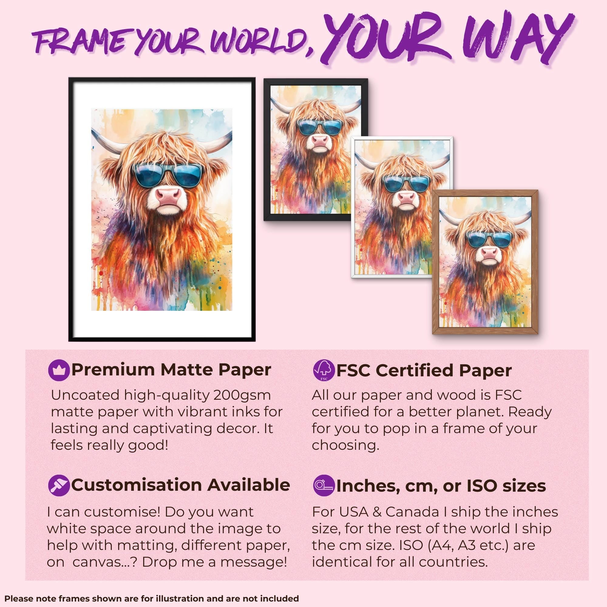Highland Cow with Sunglasses Canvas / Poster Print. Watercolour Paint Splash Wall Decor Gift Scottish Shaggy Cow Painting Farm Animal Farmer - CanvasityCrafts - Free Shipping