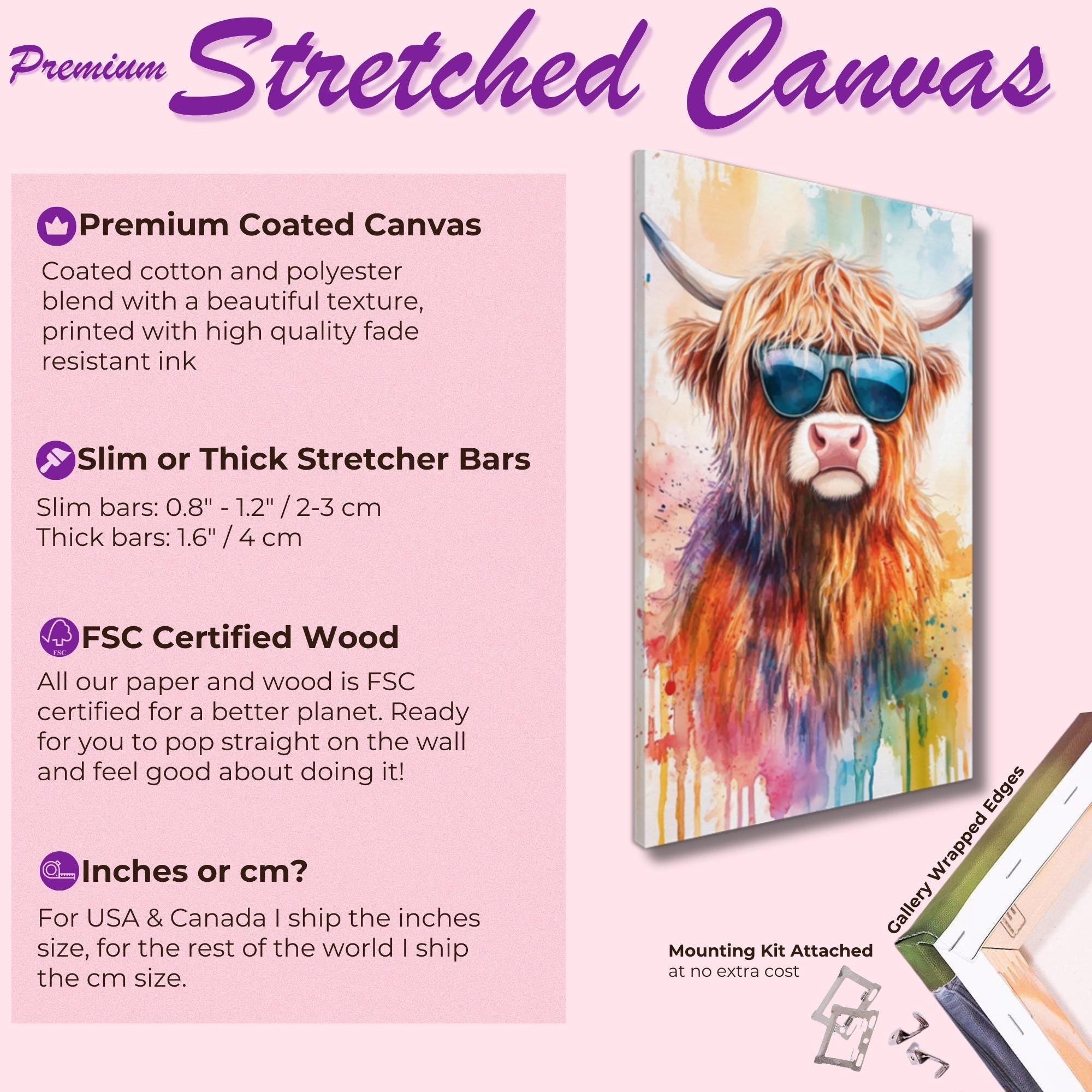 Highland Cow with Sunglasses Canvas / Poster Print. Watercolour Paint Splash Wall Decor Gift Scottish Shaggy Cow Painting Farm Animal Farmer - CanvasityCrafts - Free Shipping