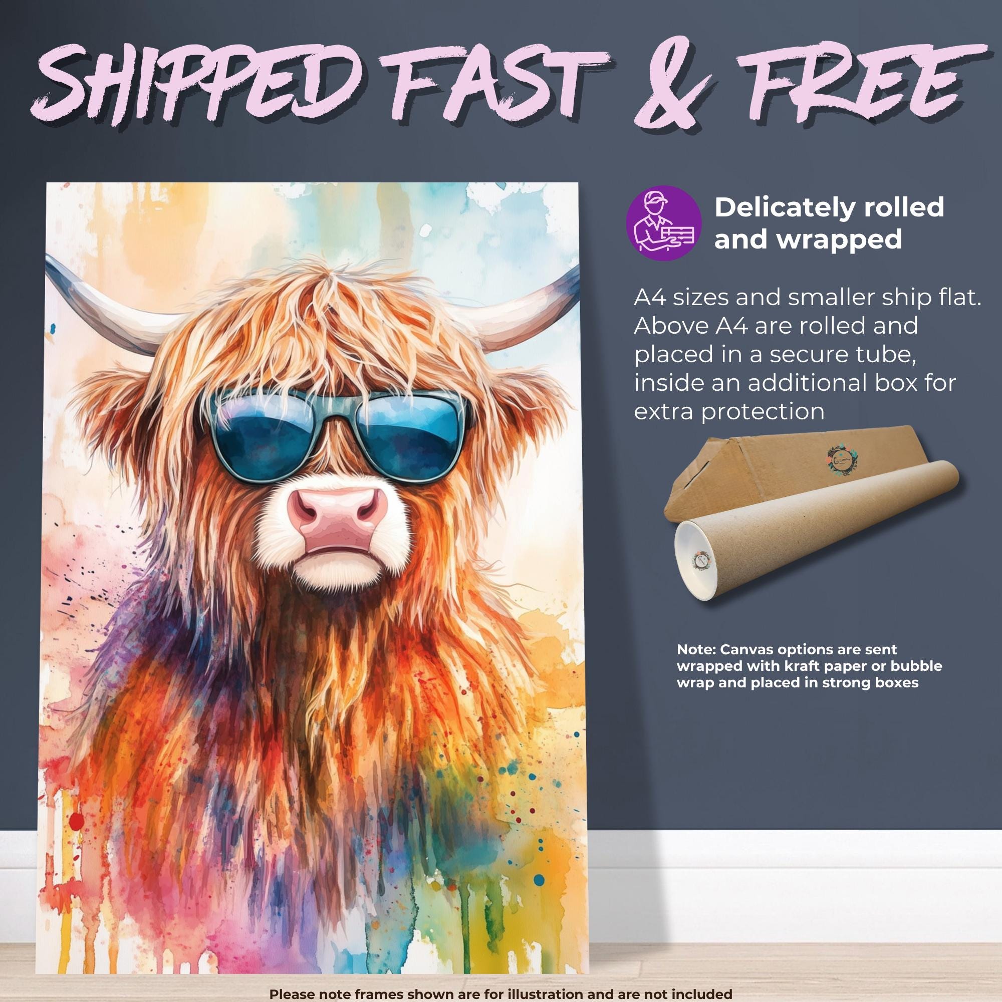Highland Cow with Sunglasses Canvas / Poster Print. Watercolour Paint Splash Wall Decor Gift Scottish Shaggy Cow Painting Farm Animal Farmer - CanvasityCrafts - Free Shipping