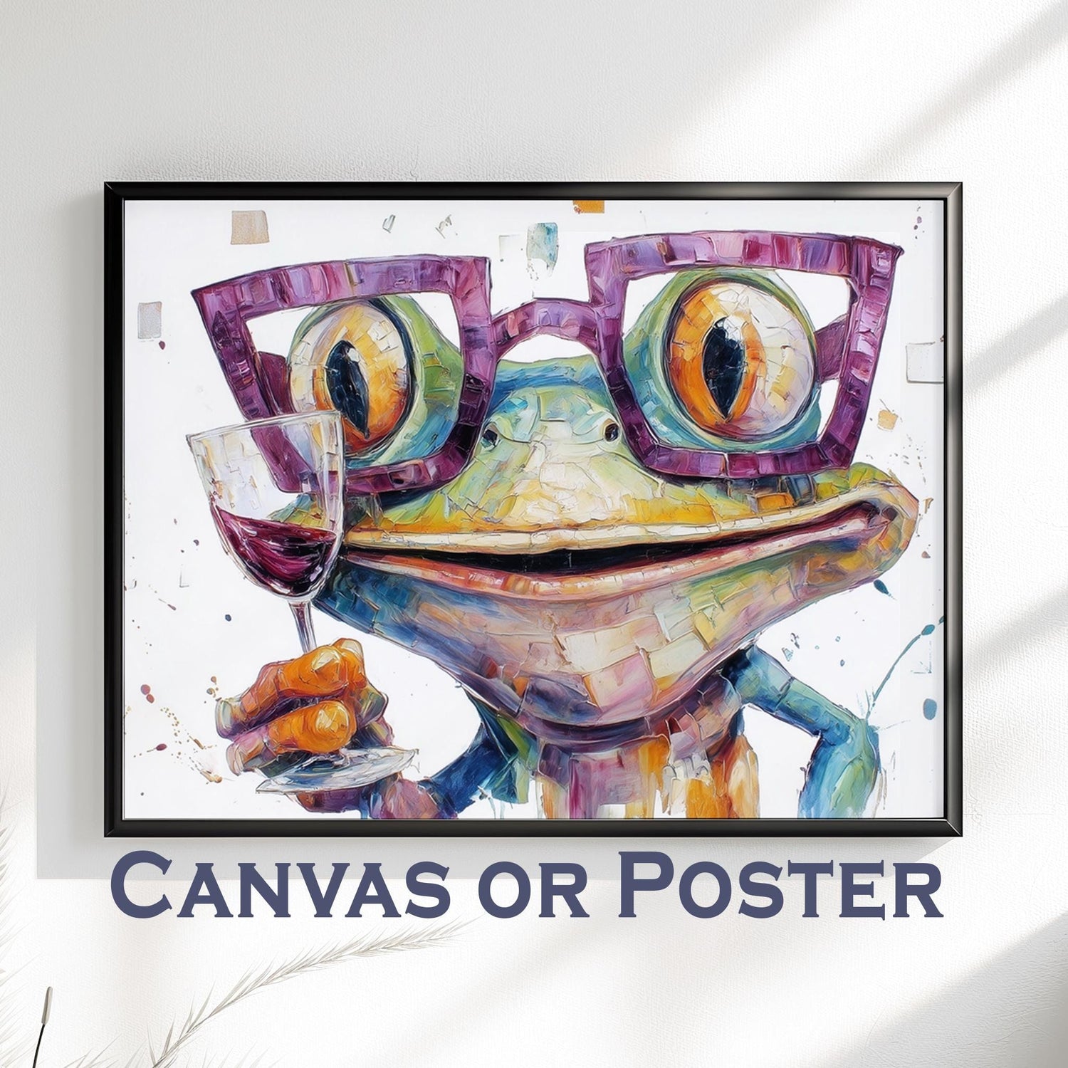 Frog with Wine Canvas Or Poster. Abstract Funny Painting Print Toasting Toad in Glasses Animal Decor Large Wall Picture Rainbow Paint Splash - CanvasityCrafts - Free Shipping