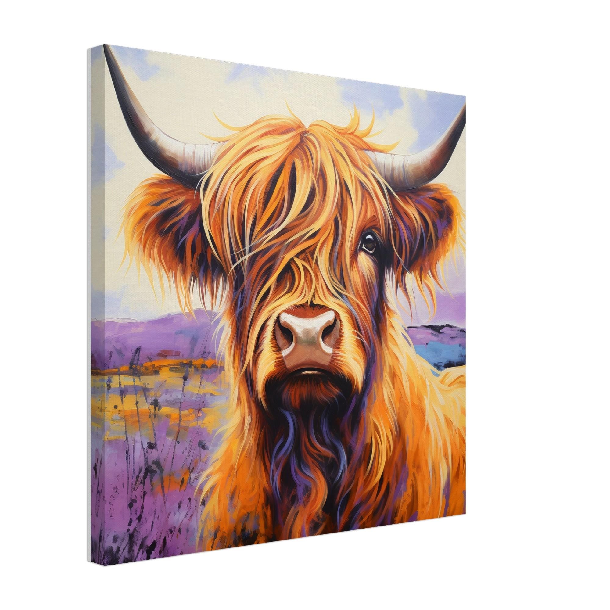 Highland Cow Canvas Print - Square. Lavender Wall Art Painting - CanvasityCrafts - Free Shipping