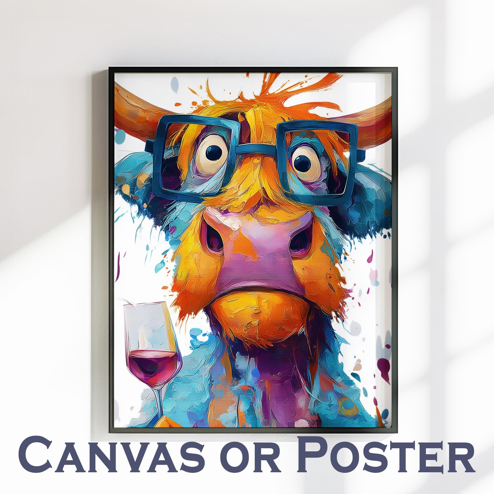 Highland Cow with Wine Canvas Or Poster. Funny Painting Print Animal Glasses Decor Large Kitchen Wall Picture Rainbow Abstract Paint Splash - CanvasityCrafts - Free Shipping