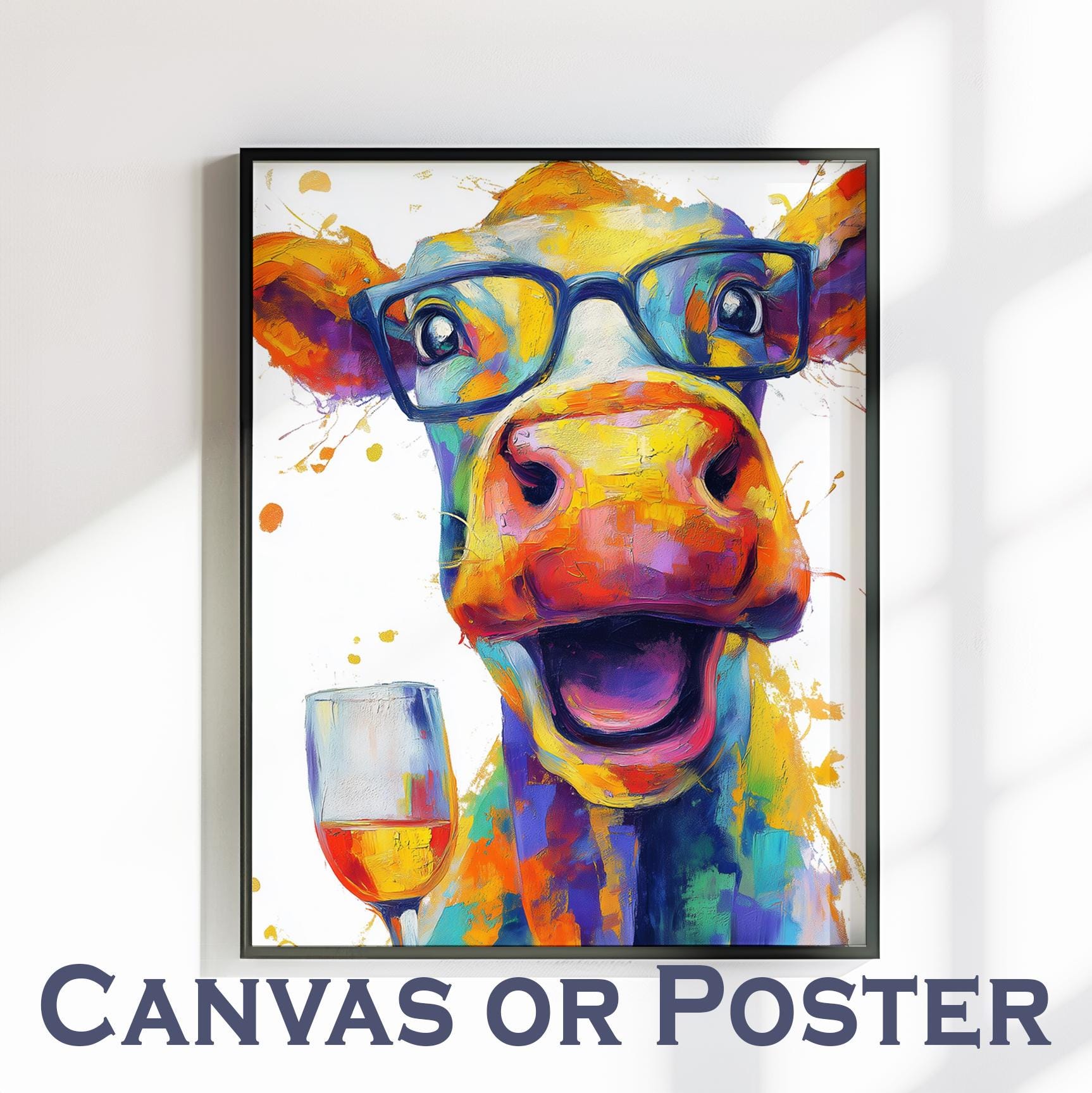 Funny Cow with Wine Canvas Or Poster. Happy Painting Print Animal in Glasses Decor Large Kitchen Wall Picture Rainbow Abstract Paint Splash - CanvasityCrafts - Free Shipping