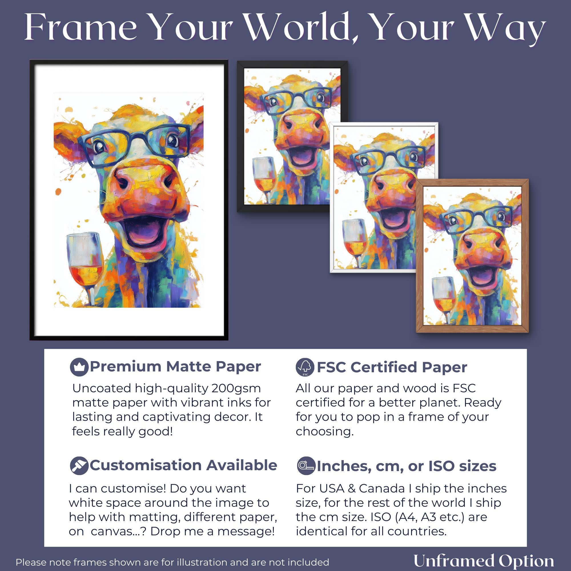 Funny Cow with Wine Canvas Or Poster. Happy Painting Print Animal in Glasses Decor Large Kitchen Wall Picture Rainbow Abstract Paint Splash - CanvasityCrafts - Free Shipping