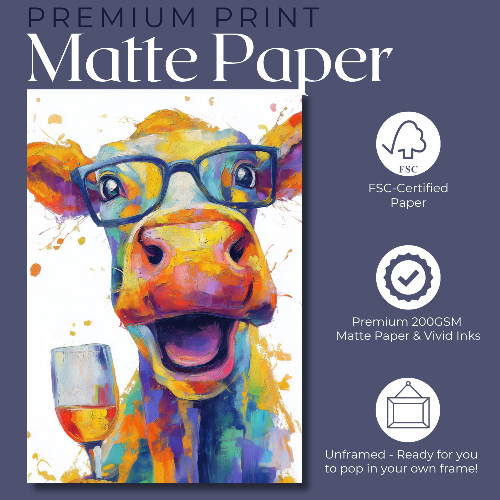 Funny Cow with Wine Canvas Or Poster. Happy Painting Print Animal in Glasses Decor Large Kitchen Wall Picture Rainbow Abstract Paint Splash - CanvasityCrafts - Free Shipping