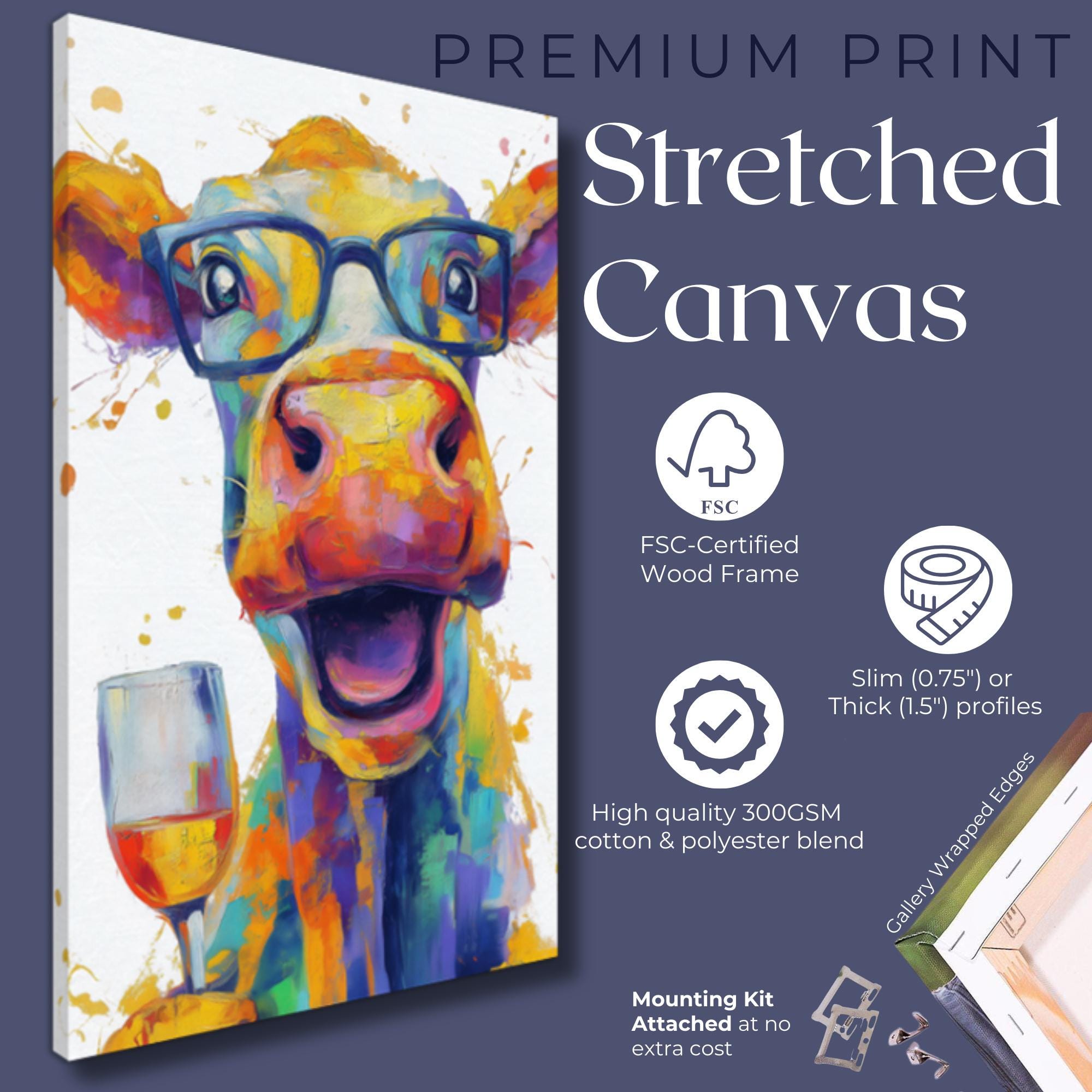 Funny Cow with Wine Canvas Or Poster. Happy Painting Print Animal in Glasses Decor Large Kitchen Wall Picture Rainbow Abstract Paint Splash - CanvasityCrafts - Free Shipping