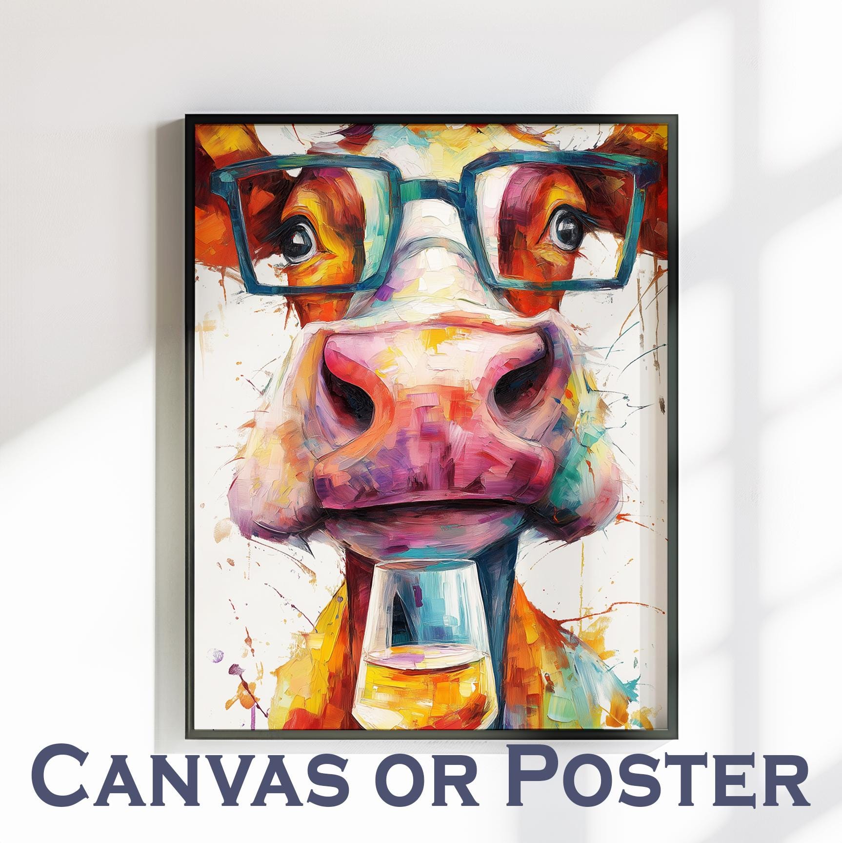 Jersey Cow with Wine Canvas Or Poster. Funny Painting Print Animal in Glasses Decor Large Kitchen Wall Picture Rainbow Abstract Paint Splash - CanvasityCrafts - Free Shipping