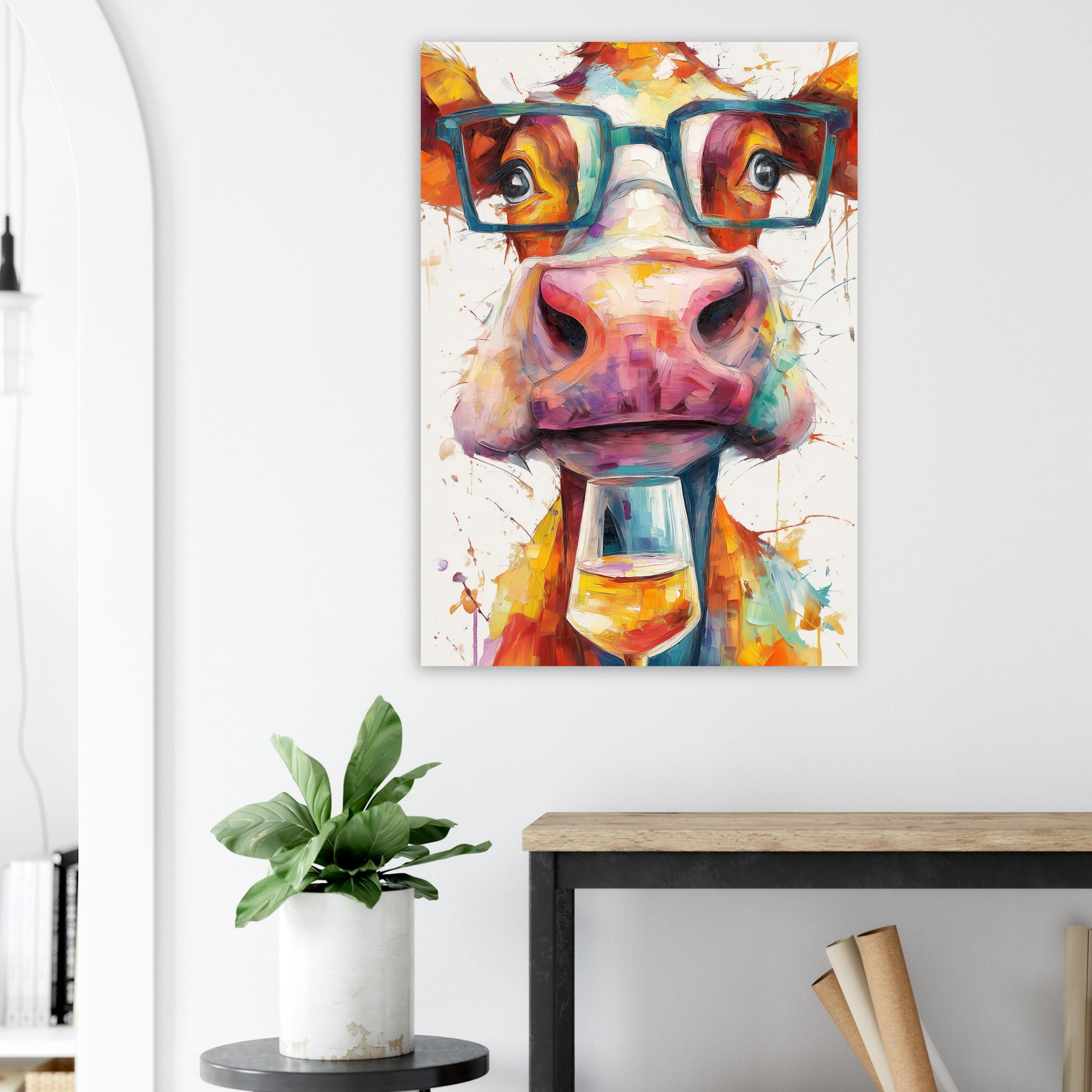 Jersey Cow with Wine Canvas Or Poster. Funny Painting Print Animal in Glasses Decor Large Kitchen Wall Picture Rainbow Abstract Paint Splash - CanvasityCrafts - Free Shipping